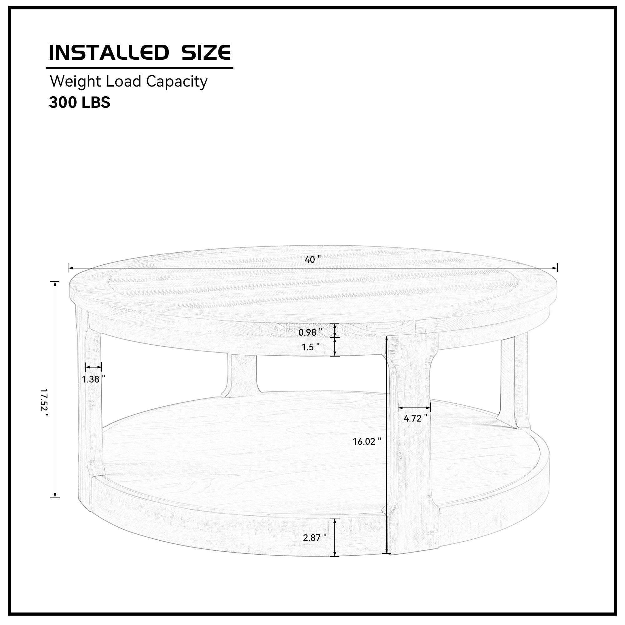 40-Inch Round 2-Tier Coffee Table — Rustic Wooden Center Table with Wheels