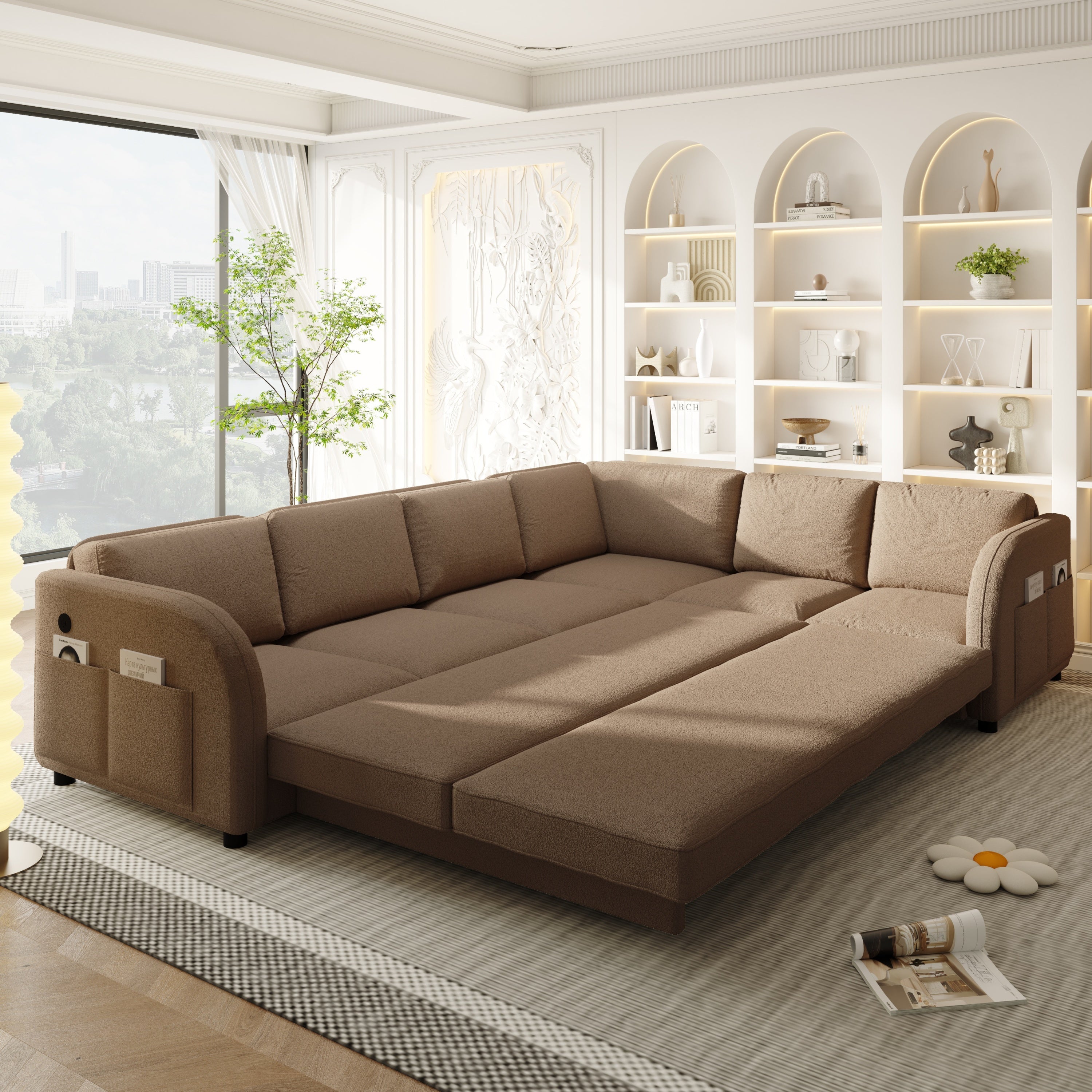 115.2' L-Shaped Sofa Couch with Pull-Out Bed,Oversize Convertible Sleeper Sofa with side Pocket & USB Port,Teddy Upholstered Sectional Couches with Convert Left/Right Facing, Light Grey