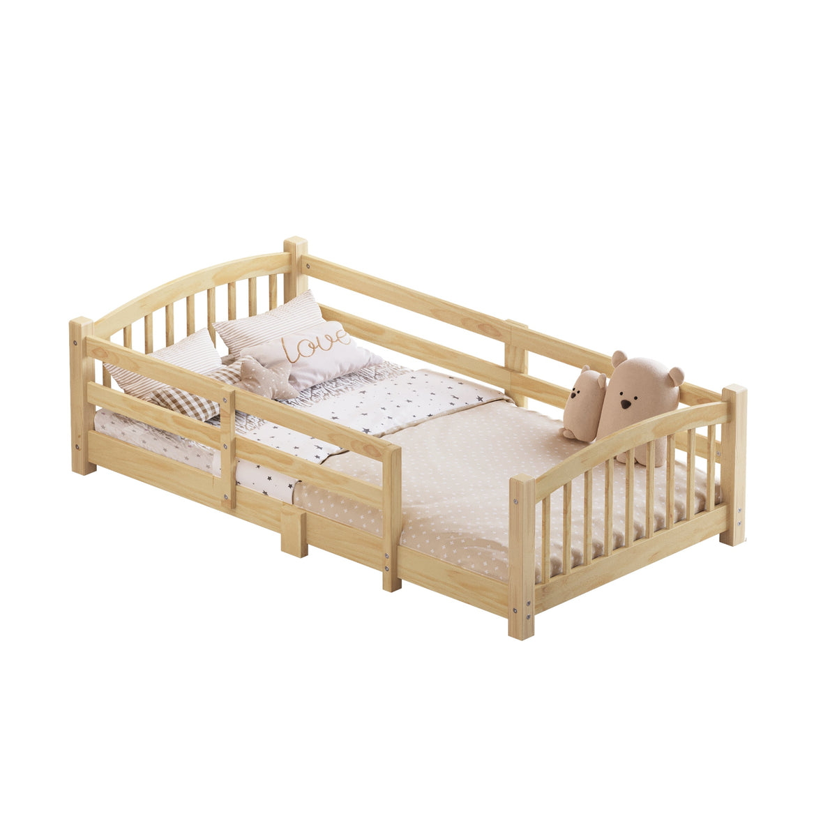Twin Montessori Floor Bed with Slats and Safety Guardrails, Solid Wood Floor Bed with Fence and Without Door, Easy Assemble Montessori Bed for Girls and Boys, Gray