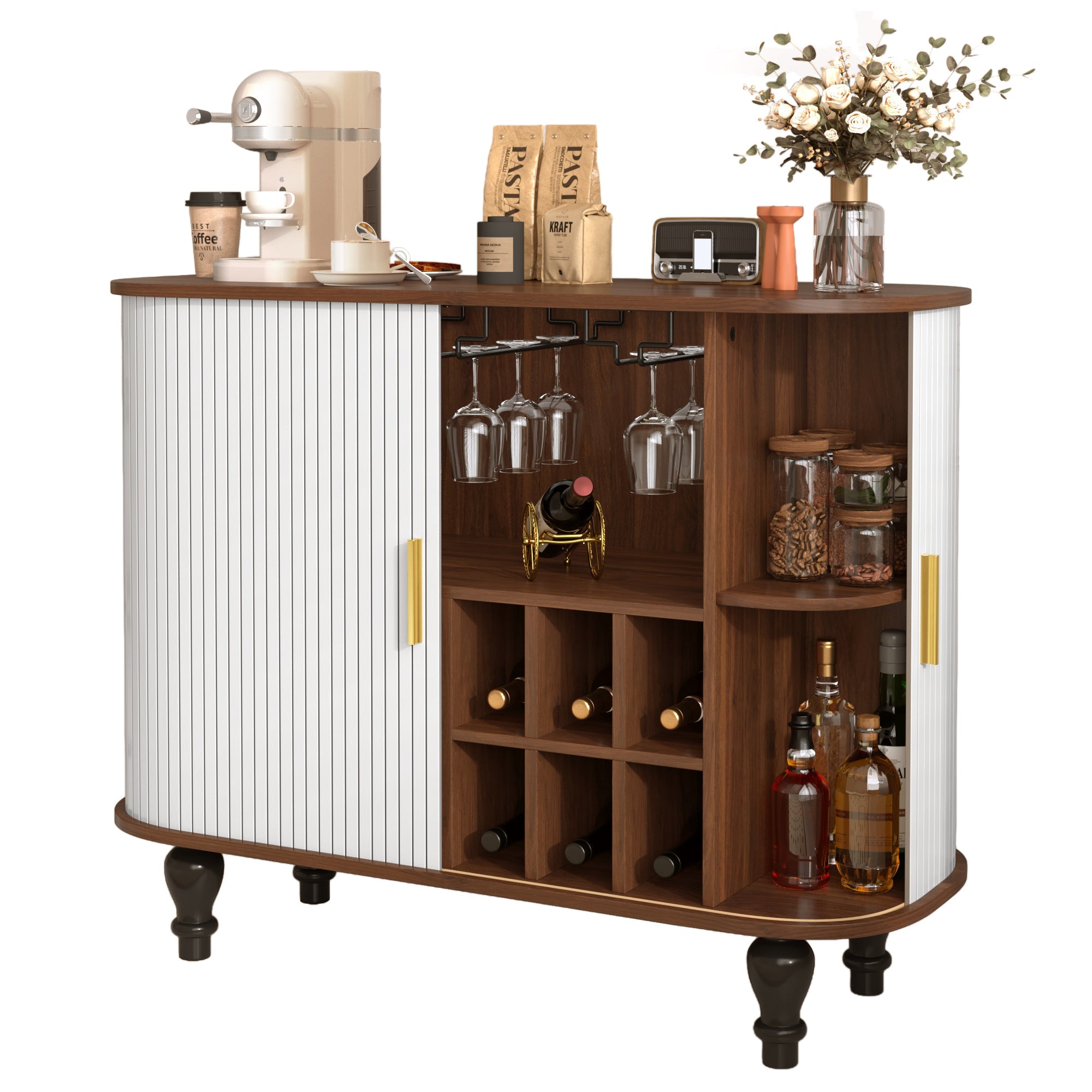 39' Fluted Liquor & Coffee Bar Cabinet with 6 Wine Racks and 3 Glass Holders, Mid-Century Modern Bar Cabinet with A Large Storage Drawer ,4 Hidden Storage Space on the Side , Black