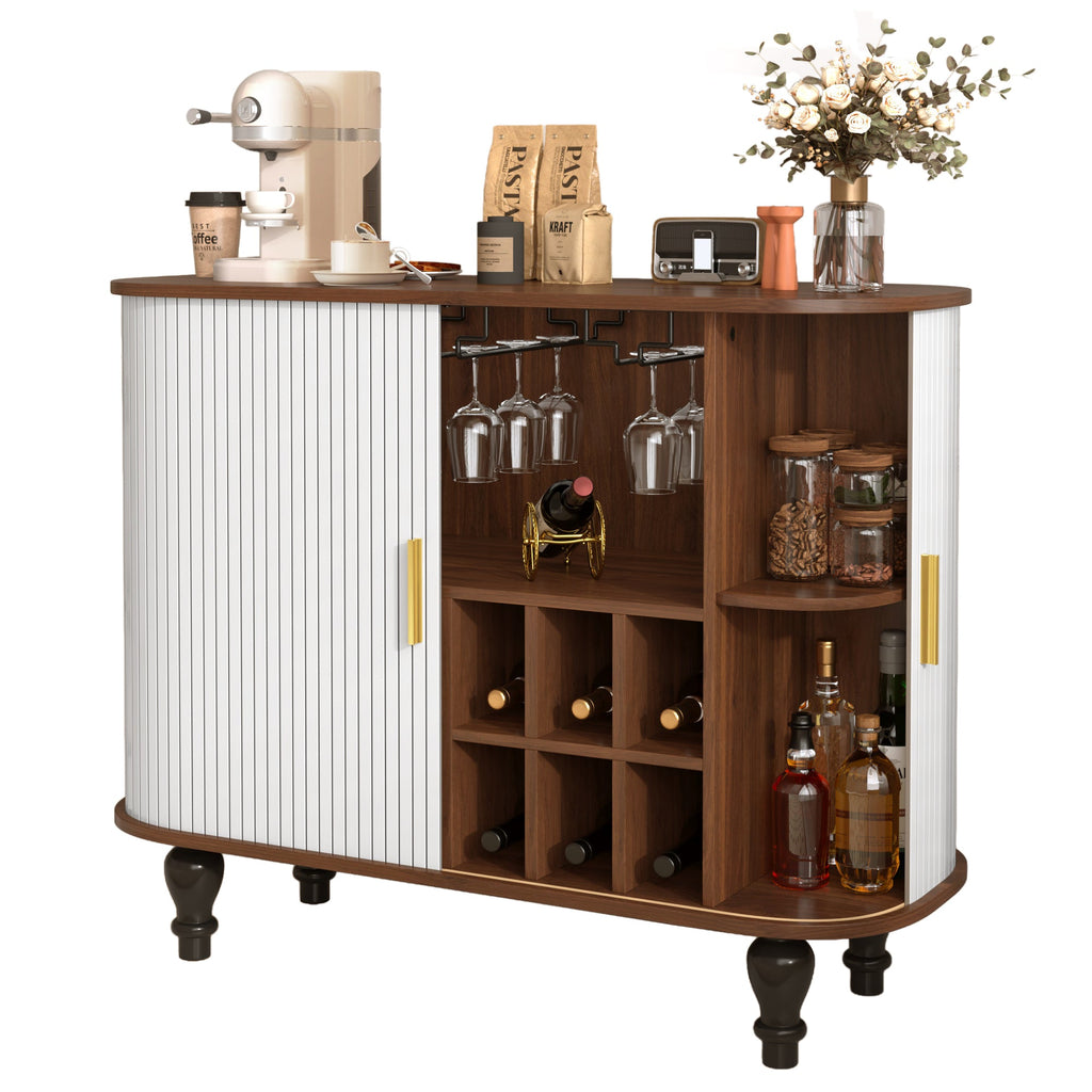 39' Fluted Liquor & Coffee Bar Cabinet with 6 Wine Racks and 3 Glass Holders, Mid-Century Modern Bar Cabinet with A Large Storage Drawer ,4 Hidden Storage Space on the Side , Black