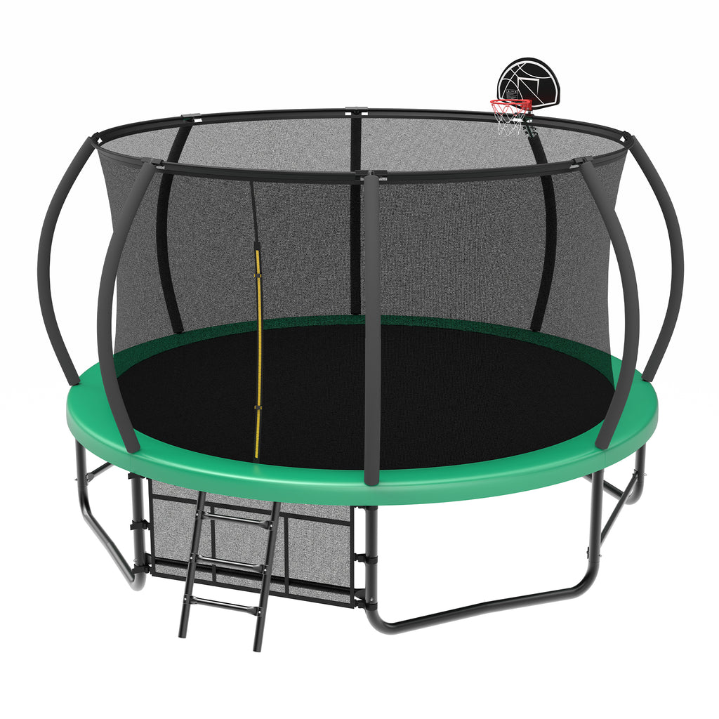 Green 14-foot trampoline 4 W-shaped leg stable base detail
