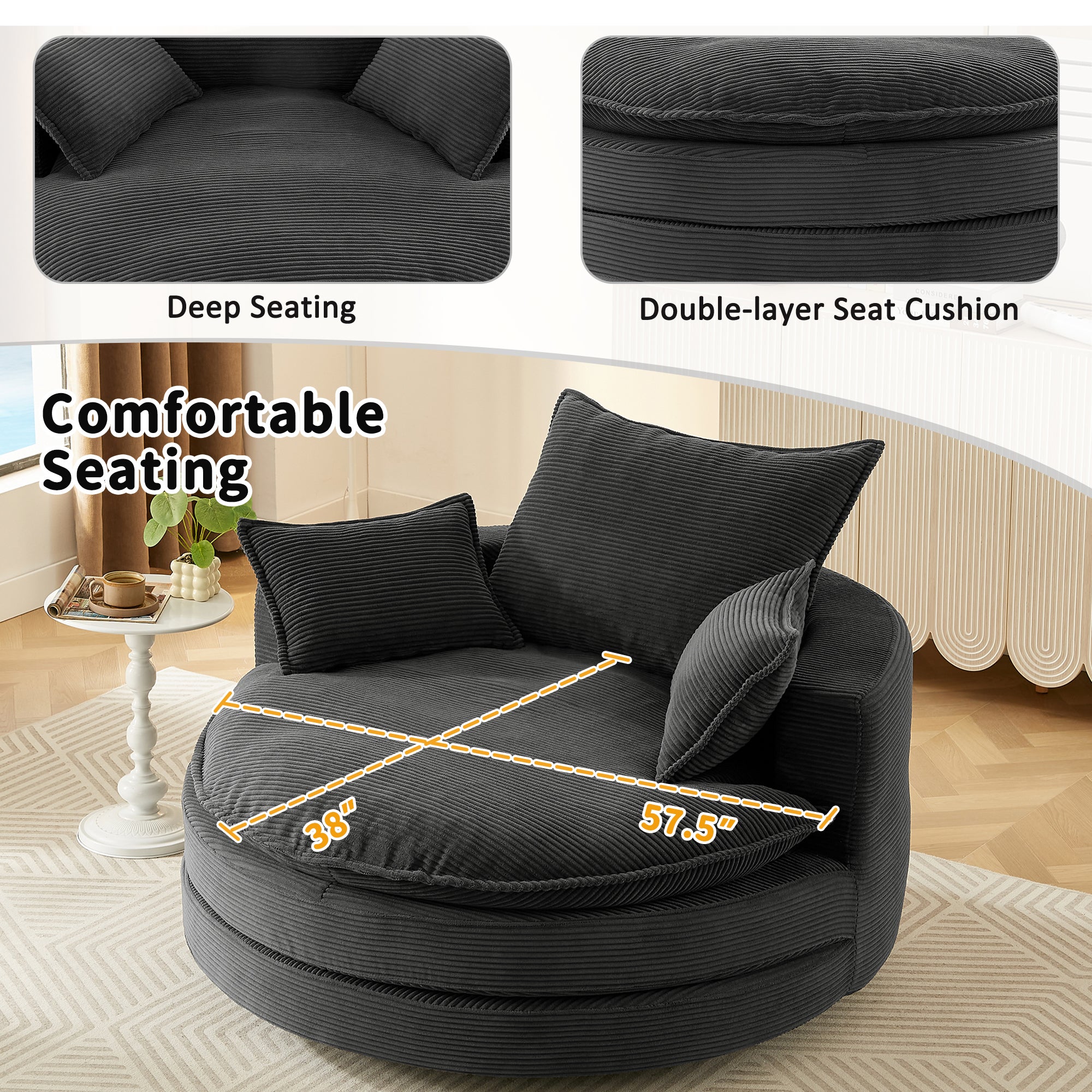 Deep seat swivel lounge chair in living room setting