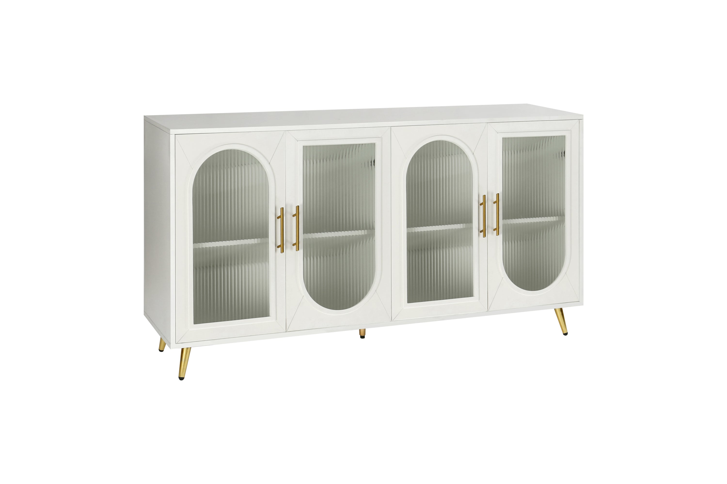Antique white wood TV console with glass doors open storage overview