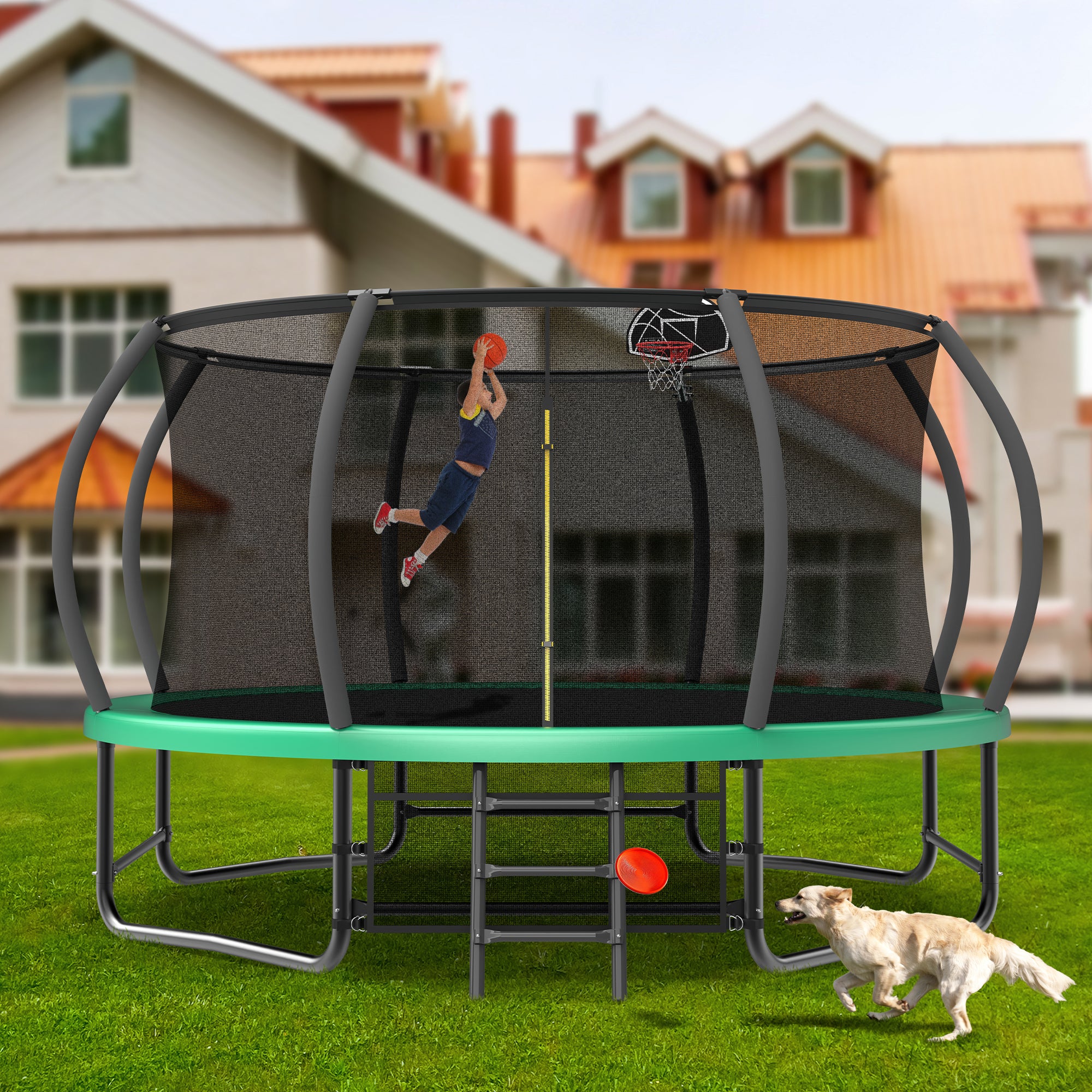 Green recreational trampoline jumping mat surface detail