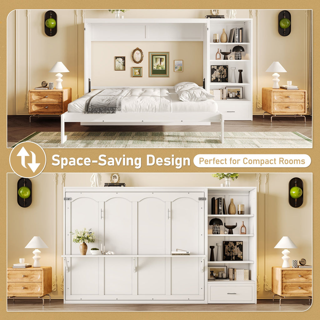 Queen Size Murphy Bed with Height Adjustable Storage Compartments and Shelf, Wall Bed Frame With 1 Drawer, Multifunctional Foldable Platform Bed for Bedroom,Guest Room, Walnut(OLD SKU:N733S309223D)