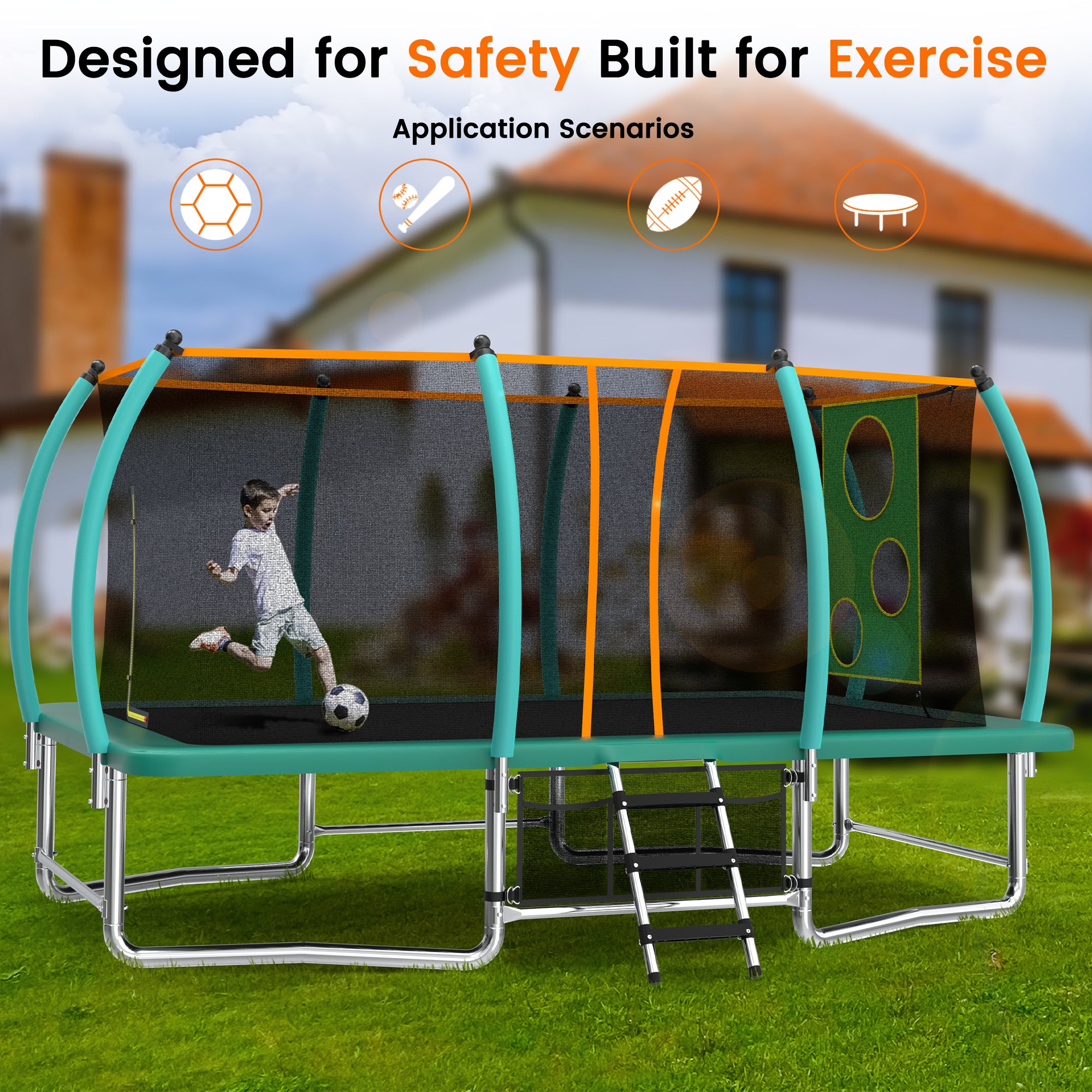 Kids backyard 8x14 ft trampoline with balance bar frame design