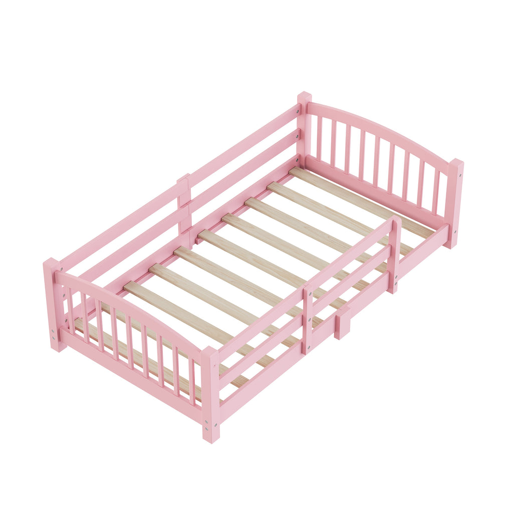 Twin Montessori Floor Bed with Slats and Safety Guardrails, Solid Wood Floor Bed with Fence and Without Door, Easy Assemble Montessori Bed for Girls and Boys, Gray