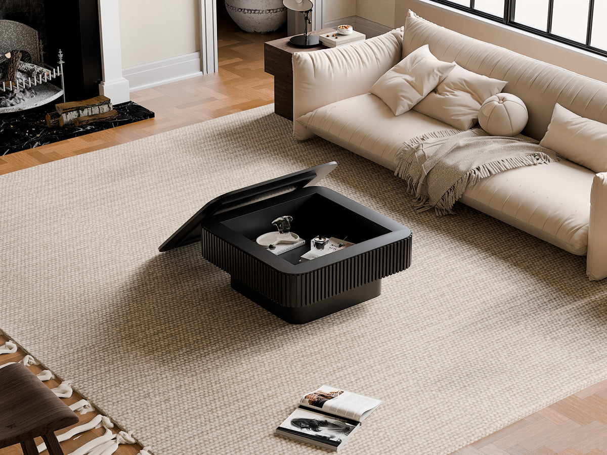 31.5'' Square Coffee Table with Storage Solid Wood Veneered Modern Coffee Table Accent Tea Table for Living Room, Bedroom, Apartment or Office, Natural Wood