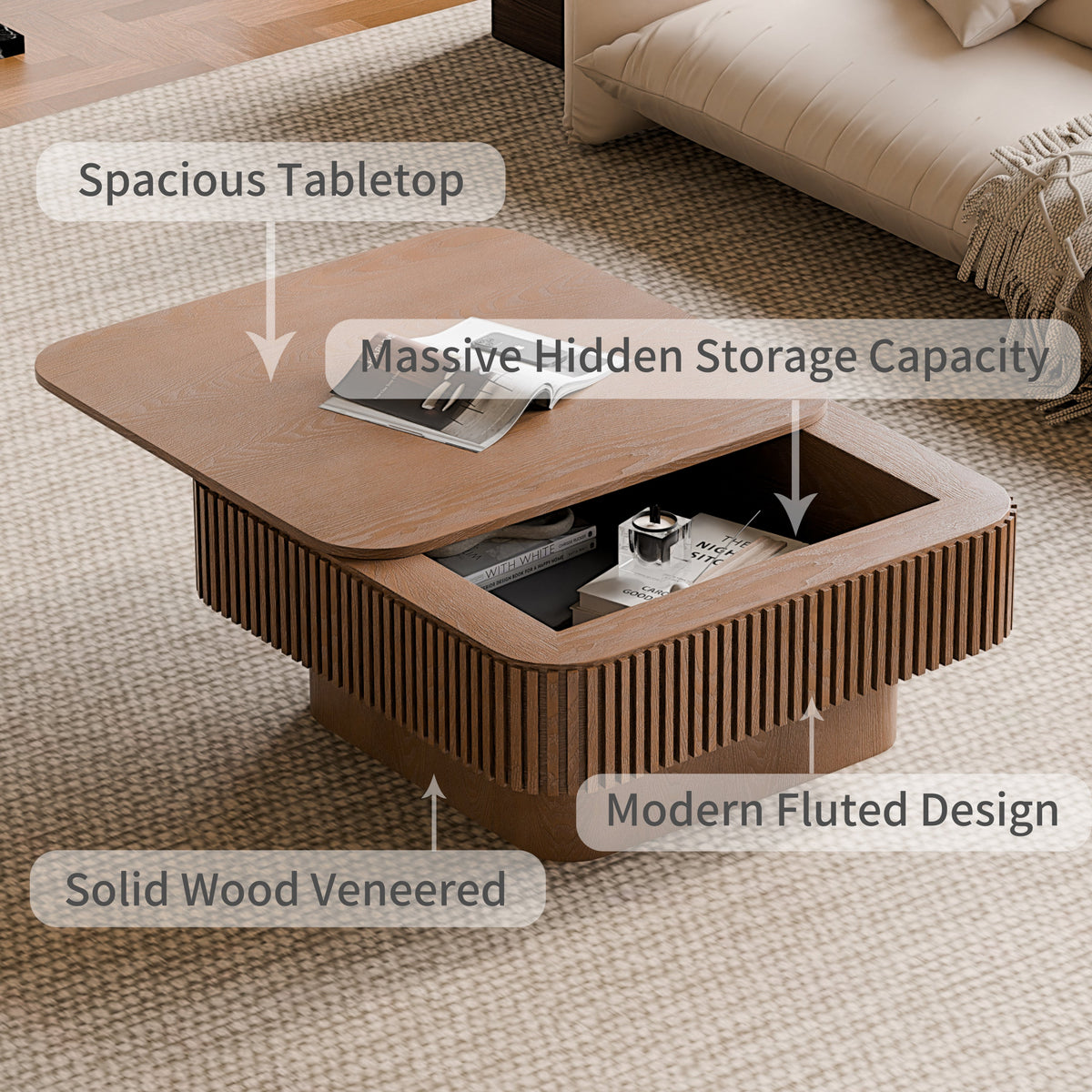 31.5'' Square Coffee Table with Storage Solid Wood Veneered Modern Coffee Table Accent Tea Table for Living Room, Bedroom, Apartment or Office, Natural Wood
