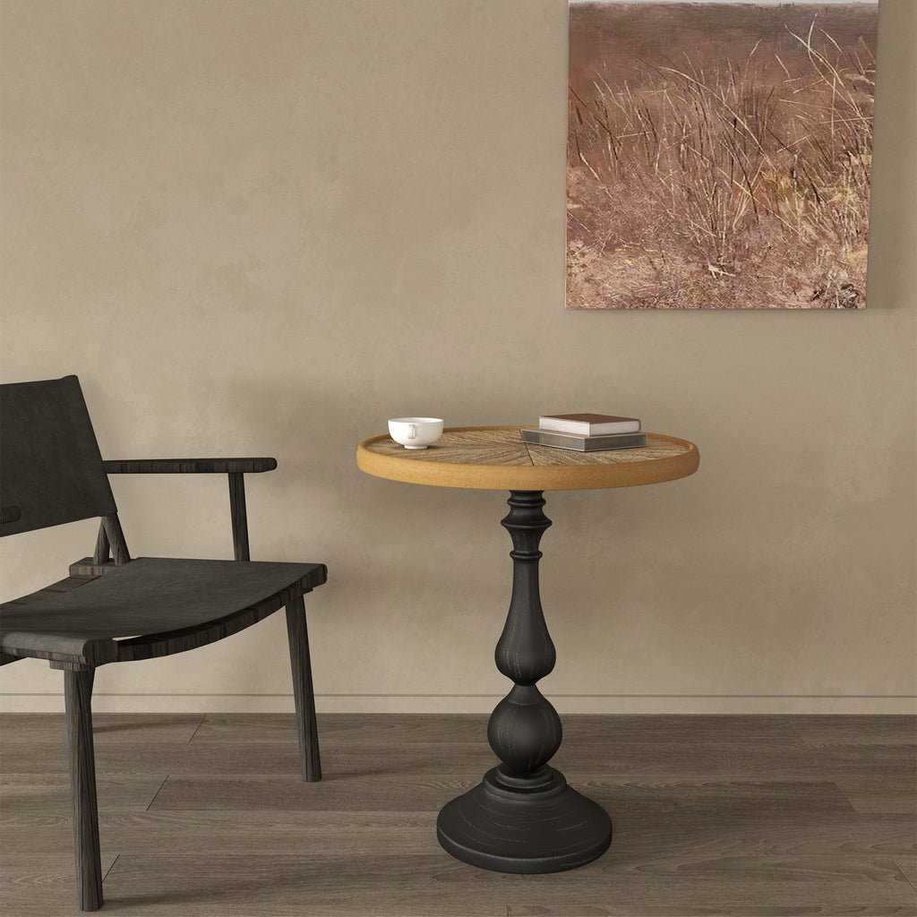 Retro round side table with metal pedestal base — angle view