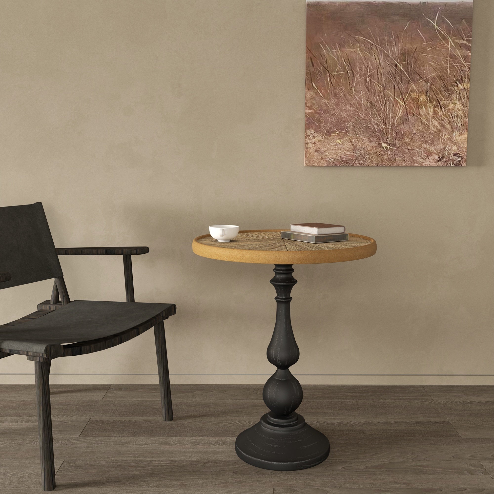 Retro round side table with metal pedestal base — angle view