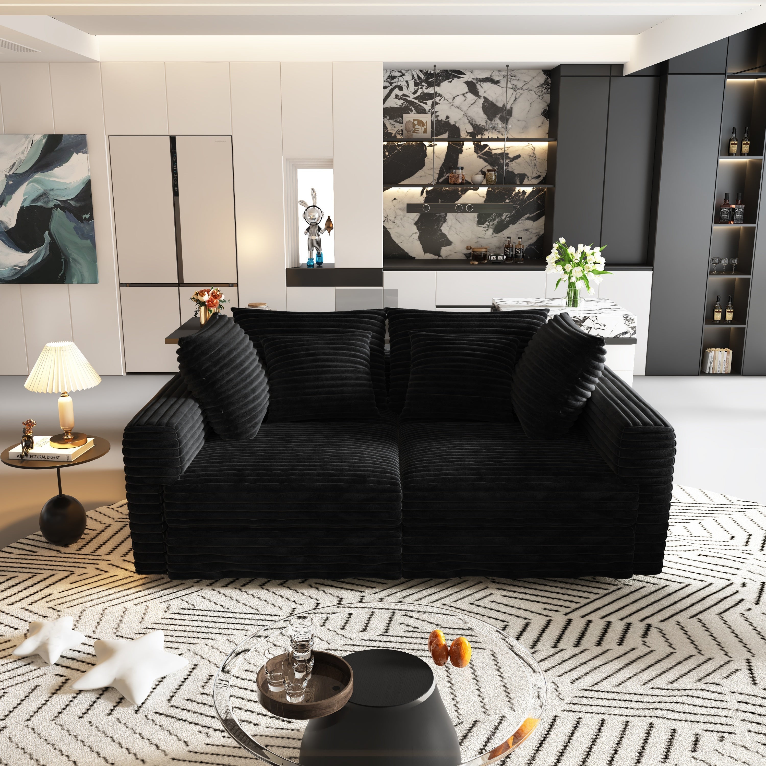 102.4 'Plush Corduroy 4-Seat Sofa,Modern Comfy Upholstered Sofa Cloud Couch,Deep Seat Couches with Soft Pillows and 3 Ottomans,Convertible Sofa Lounge Chair,Black(Old SKU:W1885S00287)