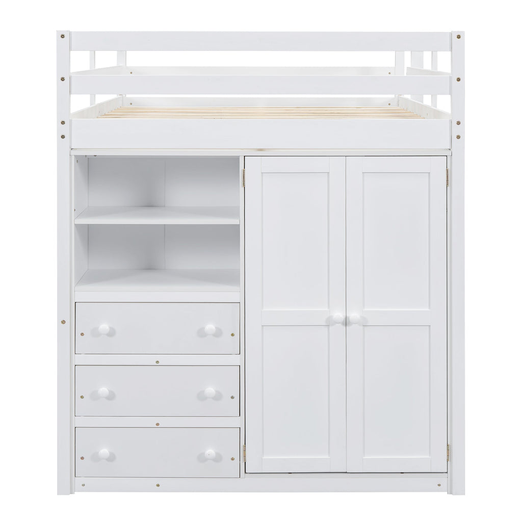 Full Size Loft Bed with Wardrobe, Desk & Storage Drawers — Pine Wood