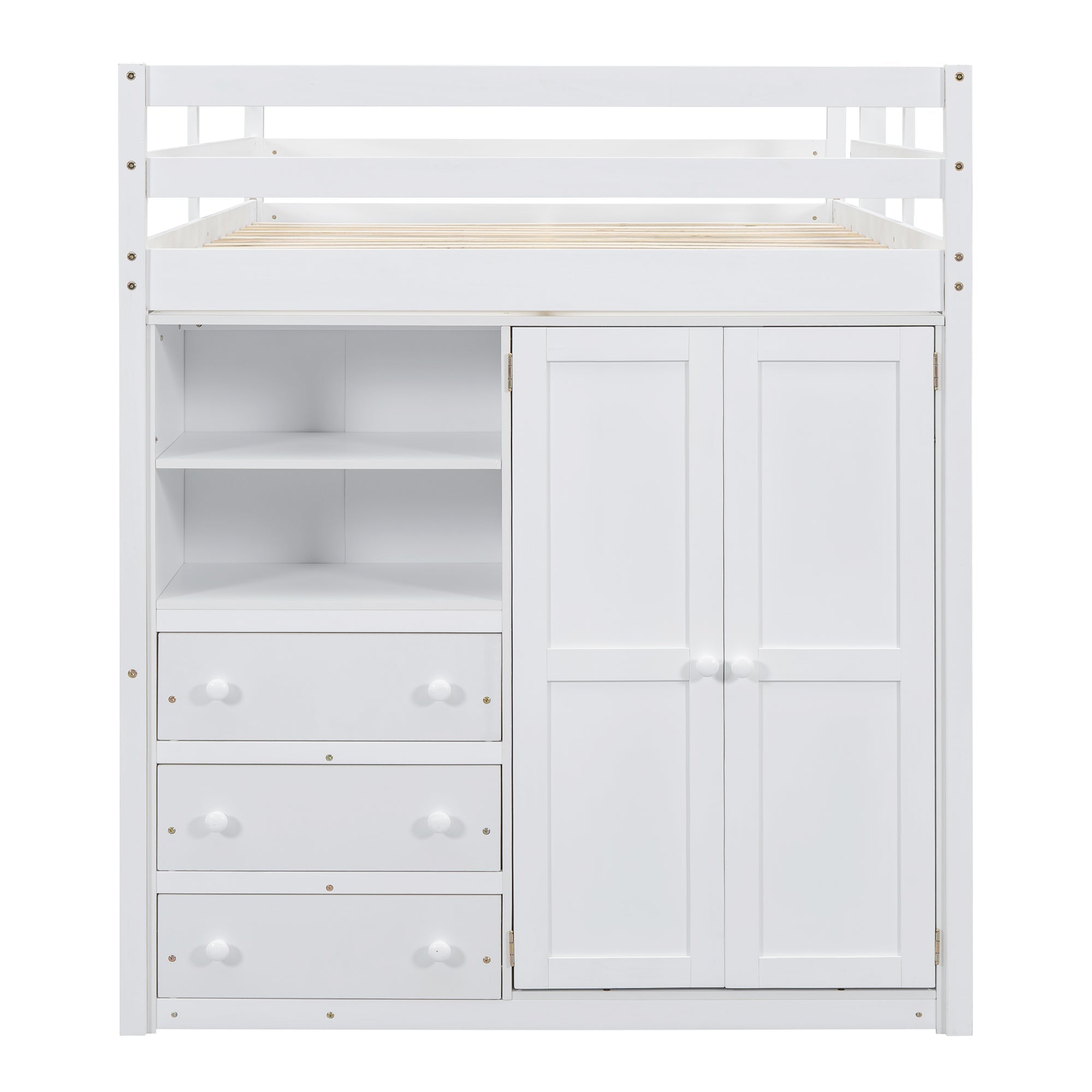 Full Size Loft Bed with Wardrobe, Desk & Storage Drawers — Pine Wood