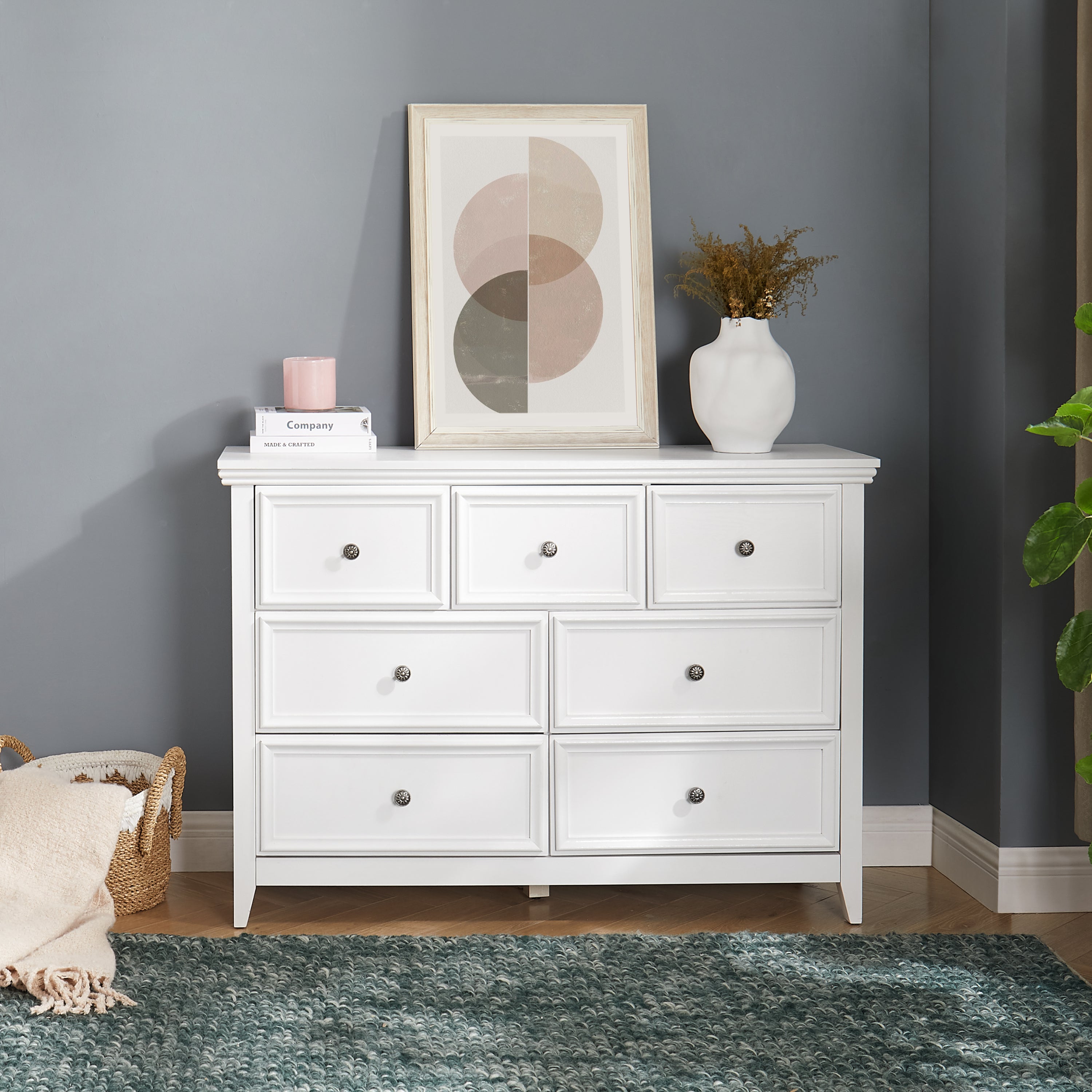 White bedroom dresser storage cabinet — angle view