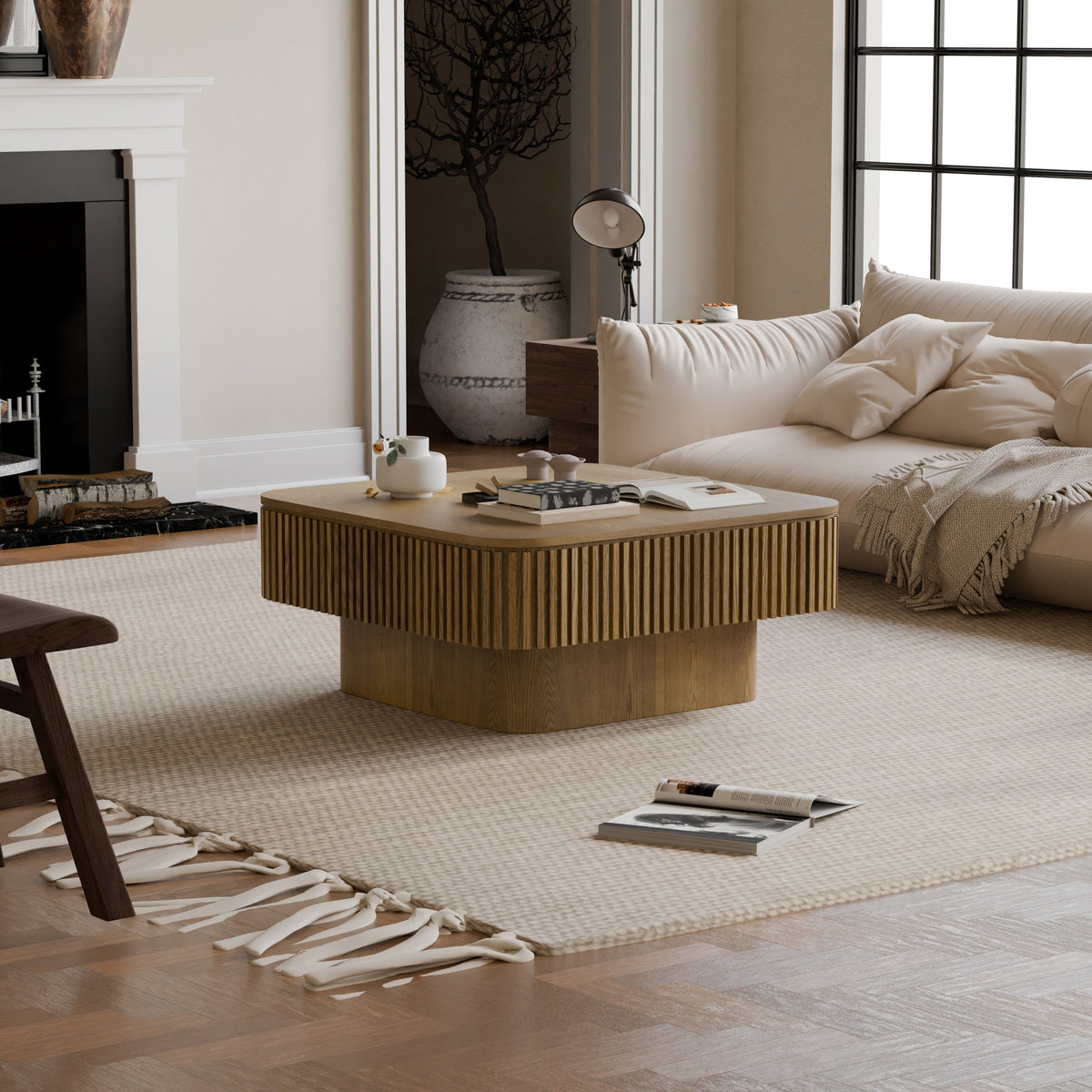 31.5'' Square Coffee Table with Storage Solid Wood Veneered Modern Coffee Table Accent Tea Table for Living Room, Bedroom, Apartment or Office, Natural Wood