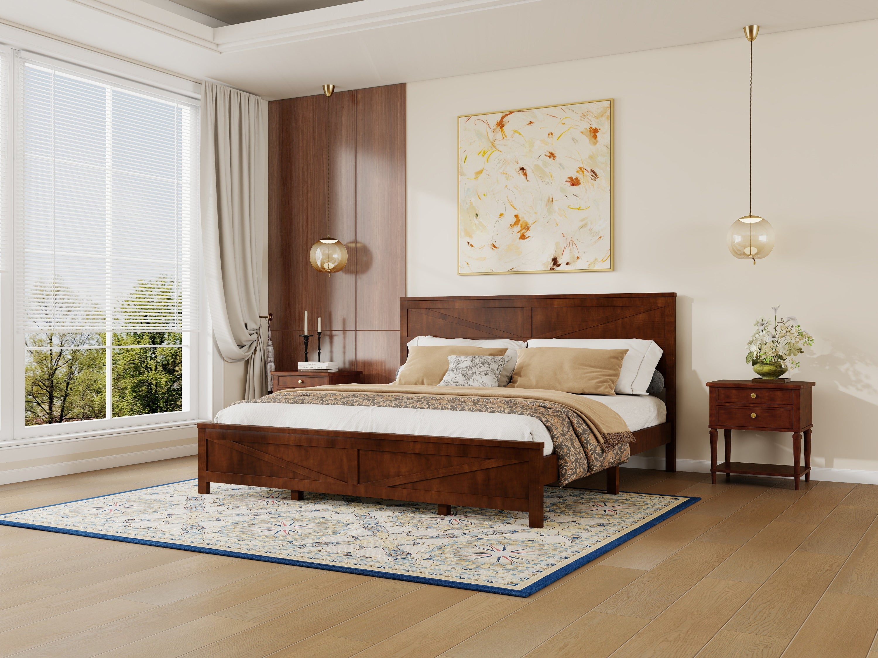 Farmhouse Style King Size Bed with Barn Door Designed Headboard and Footboard, Pinewood Bed with Strengthened Bed Frame,White