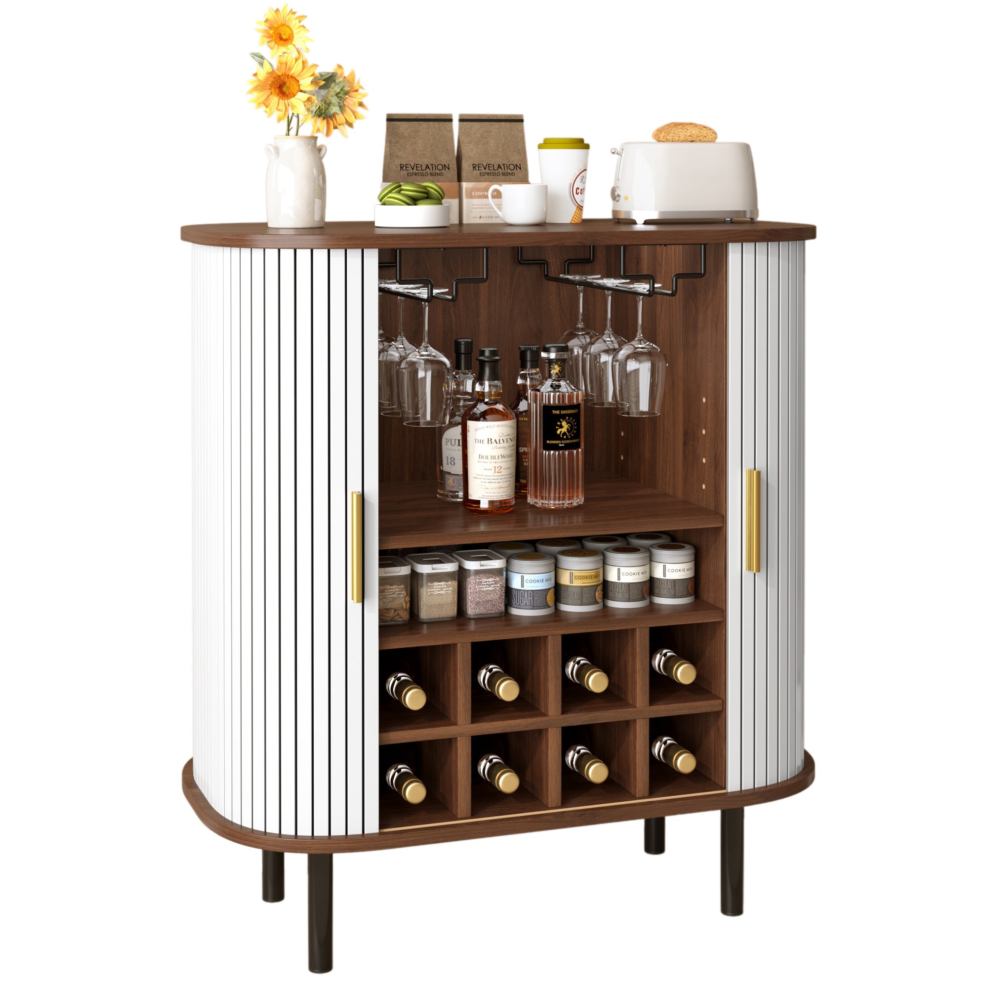 28' Fluted Wine Bar Cabinet with 8-Grid Wine Rack, 5-Level Adjustable Shelves, 2 Glass Holders, Smoothly Sliding Tambour Doors, 4 Hidden Storage Space on the Side, Modern Liquor Coffee Station, Black