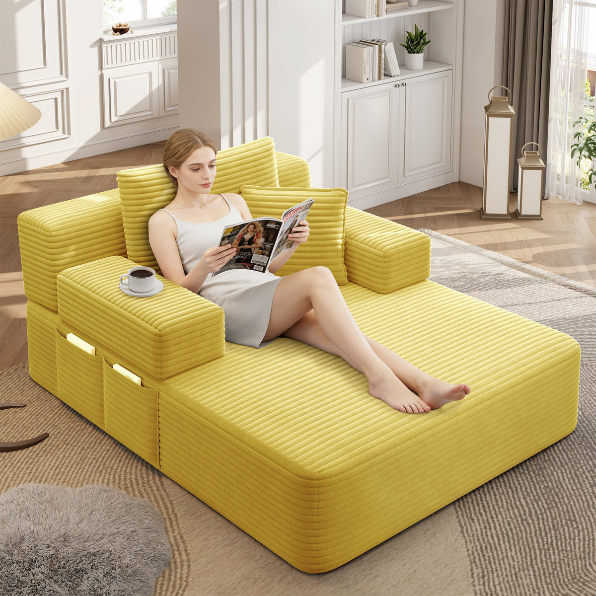 Oversized Plush Corduroy Chaise Lounge Sofa Bed,Convertible Sleeper Couch Bed w/ Storage Pockets,3 Soft Pillows,Multi-Functional Frameless Sofa Couch for Apartment,Home Theater,Guest Room,Beige&White