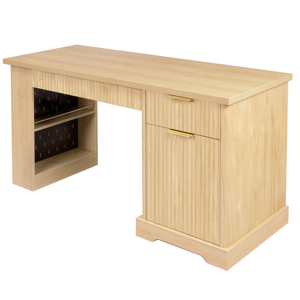 Fluted Office Desk with Pegboard, Charging Station, Keyboard Tray & Storage — 55-Inch