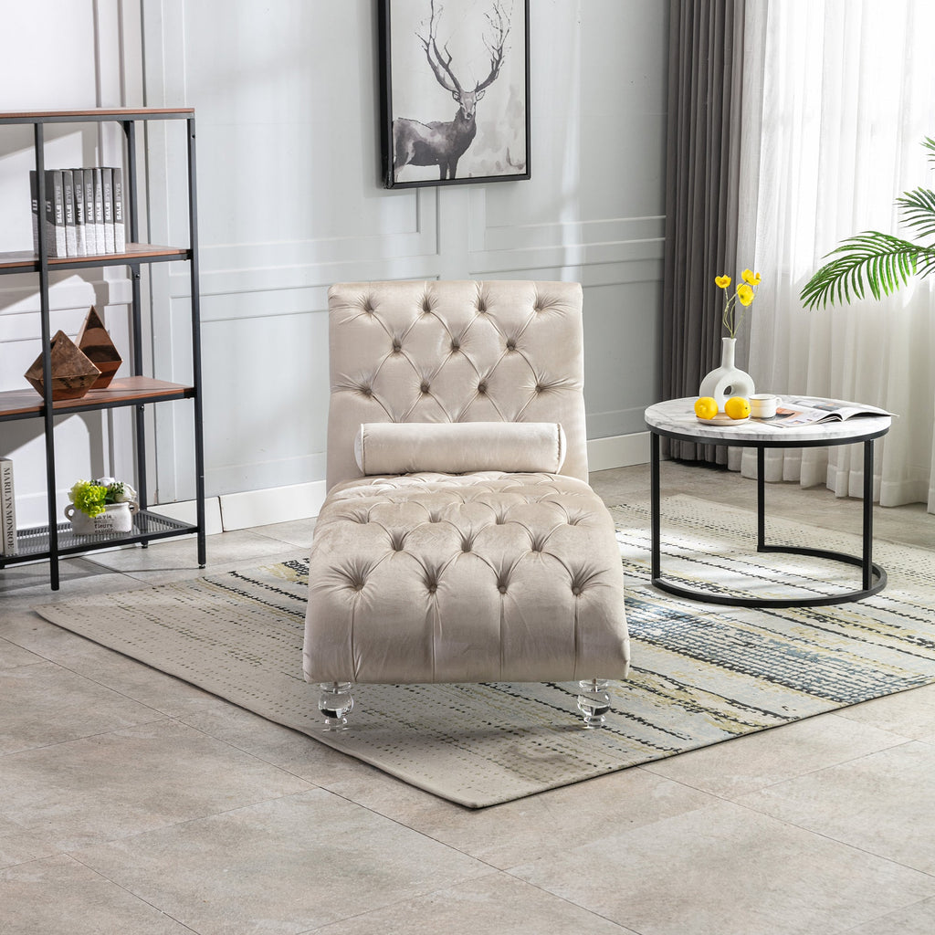 Velvet Chaise Lounge — Button-Tufted with Pillow