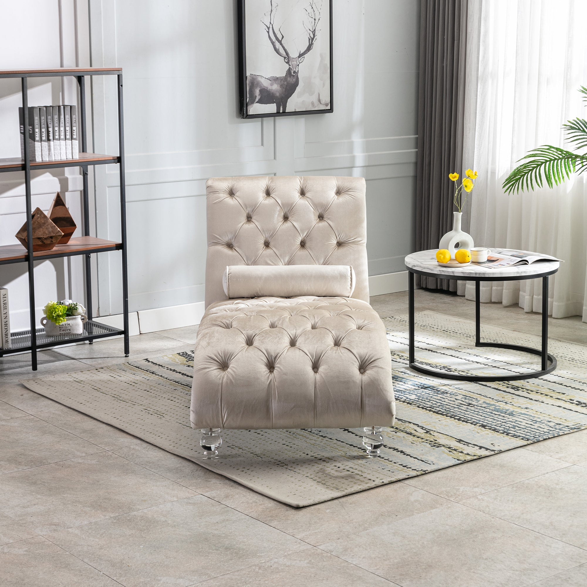 Velvet Chaise Lounge — Button-Tufted with Pillow