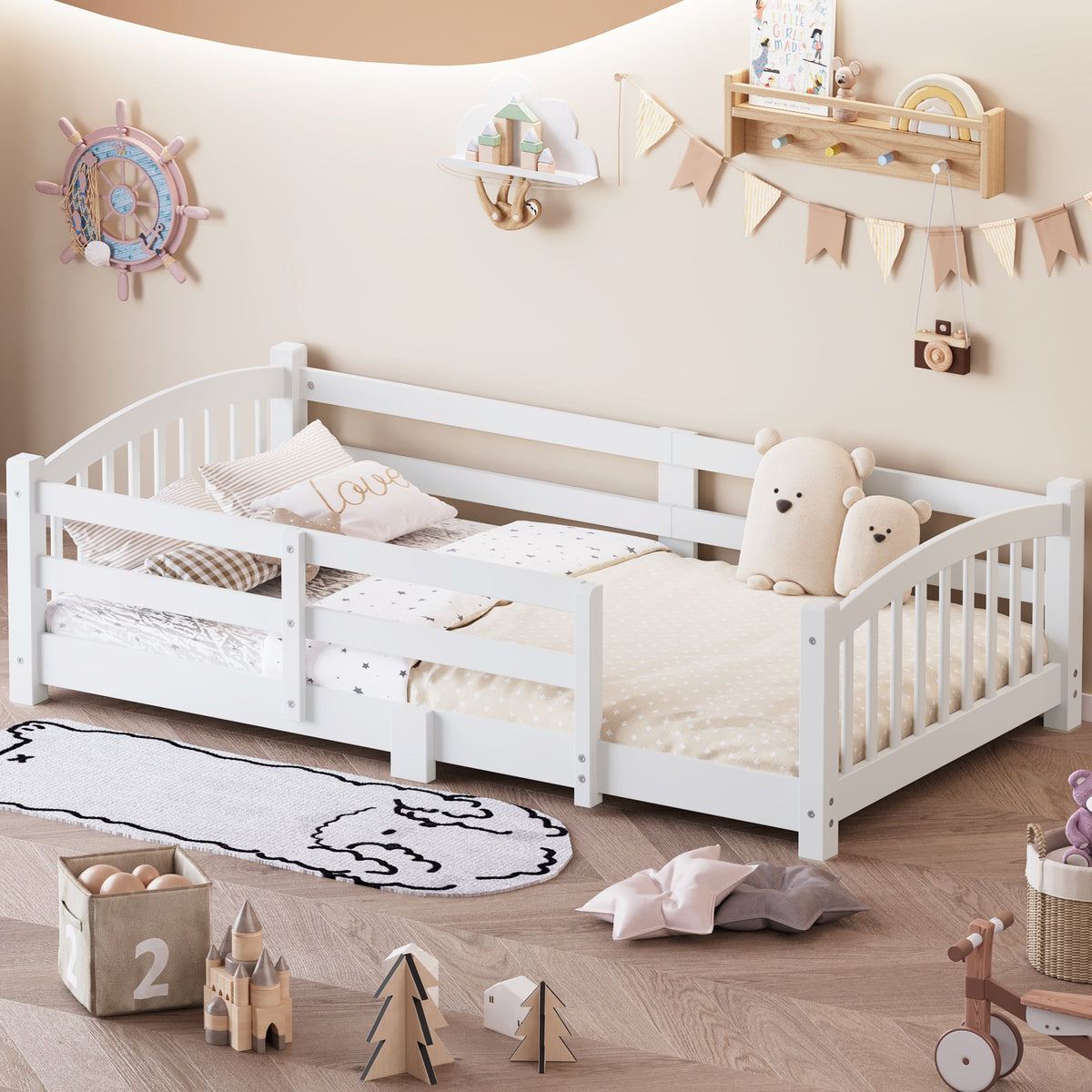 Twin Montessori Floor Bed with Slats and Safety Guardrails, Solid Wood Floor Bed with Fence and Without Door, Easy Assemble Montessori Bed for Girls and Boys, Gray