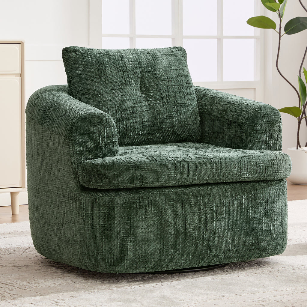 Green chenille swivel accent chair living room full view