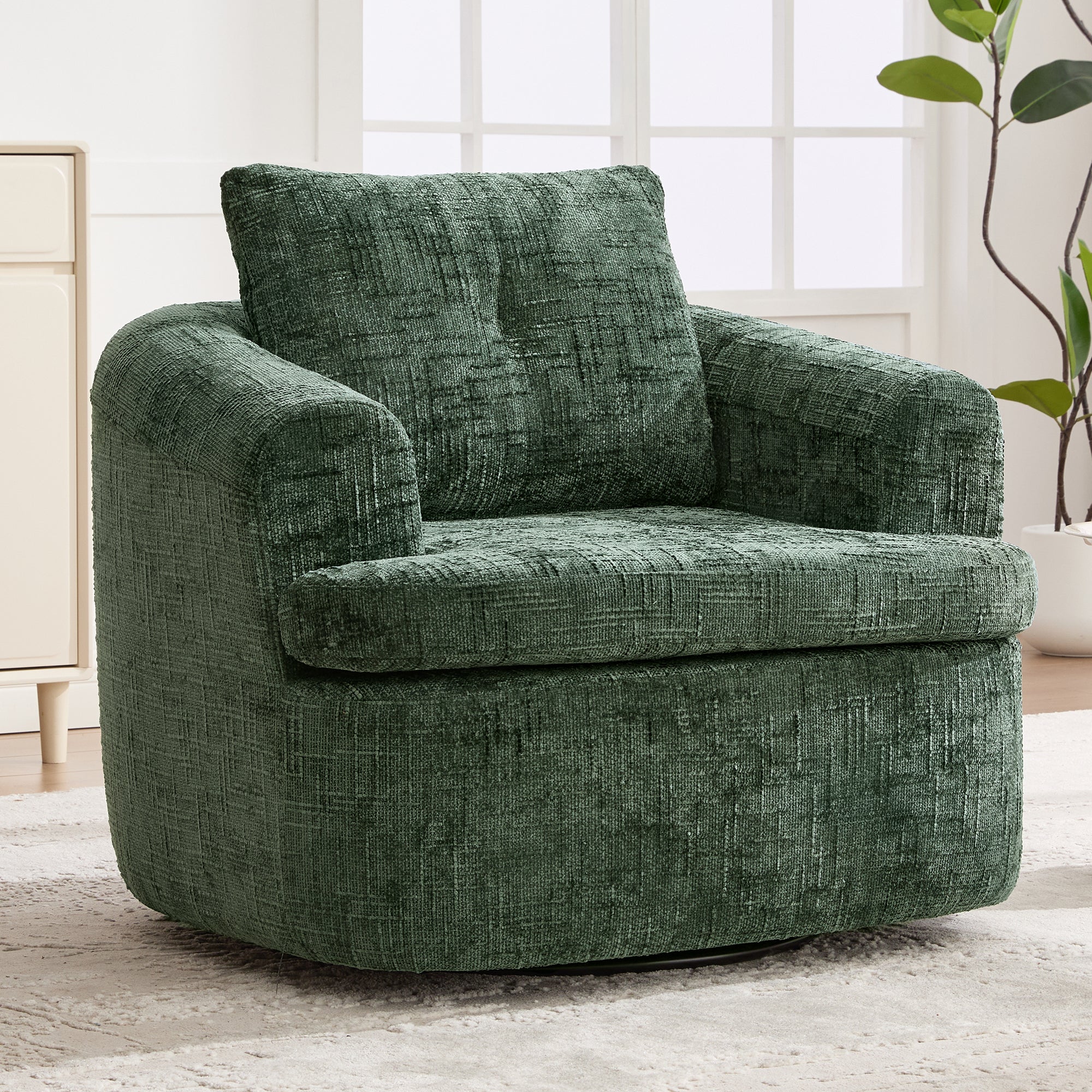 Green chenille swivel accent chair living room full view