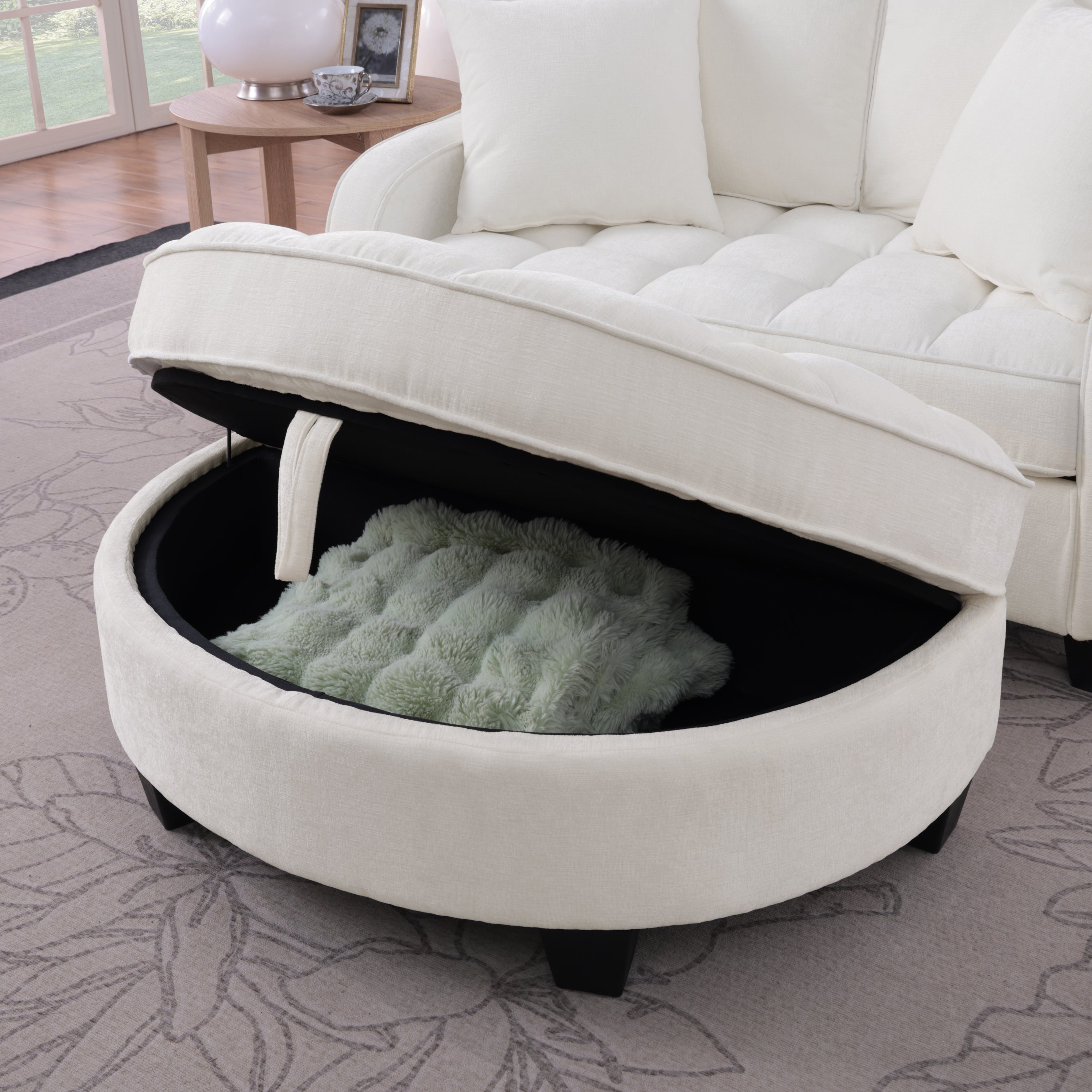 Corduroy 2-Seater Sofa Chaise — Storage Footrest & 2 Pillows, 42.7" Wide