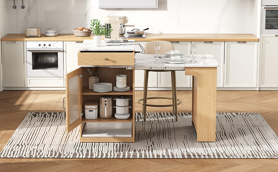 K&K 59.5' Kitchen Island with Extendable Dining Table, Kitchen Storage Table with Double-sided Storage, Kitchen Island with 2 Drawers, Power Outlet, Side Open Shelves, for Kitchen, Dining Room, Black