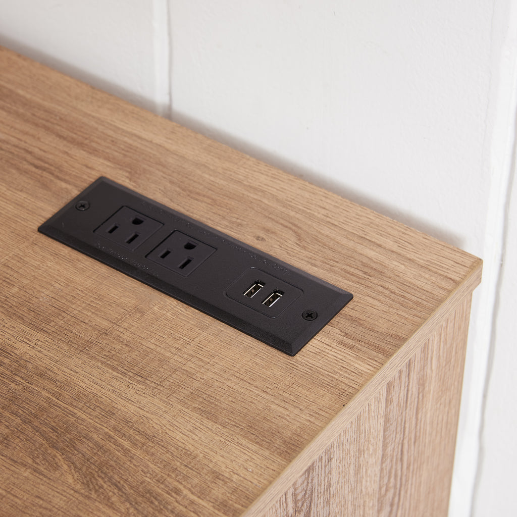 Oak TV stand fireplace remote control and touch panel detail