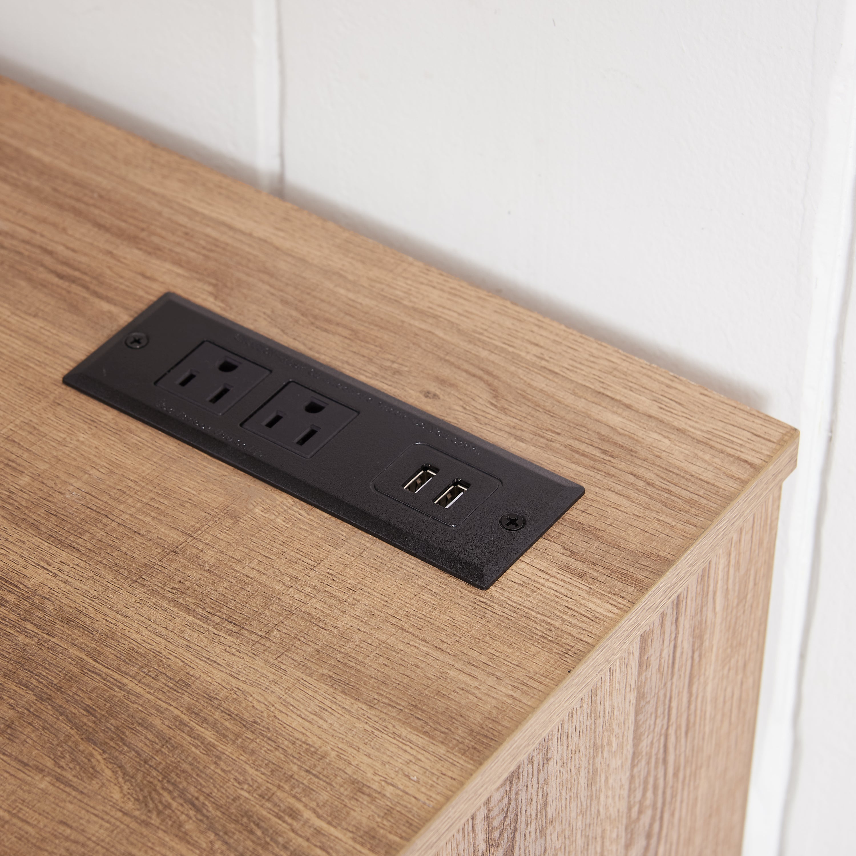 Oak TV stand fireplace remote control and touch panel detail