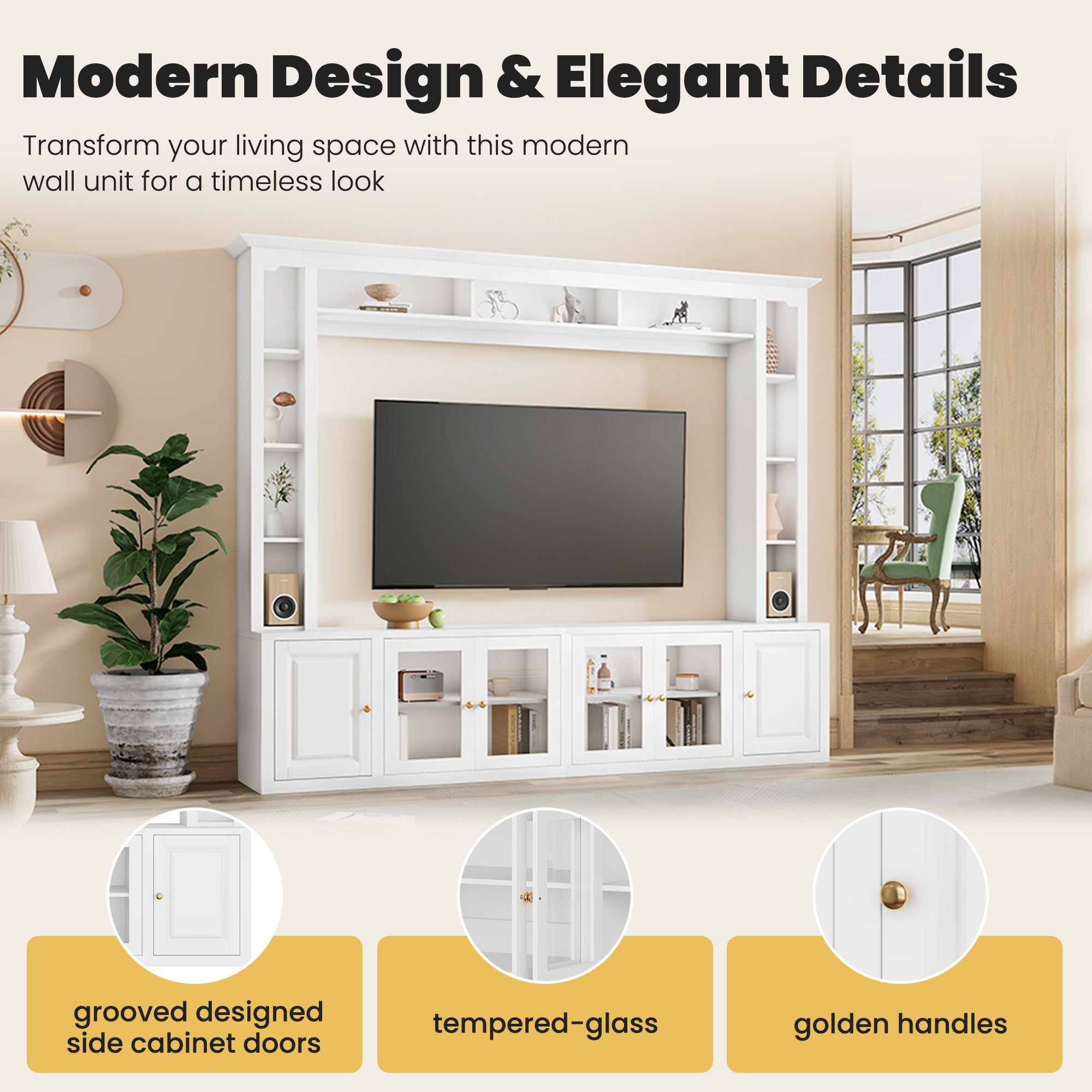 92" Entertainment Center Wall Unit with Glass Doors — for TVs Up to 80"