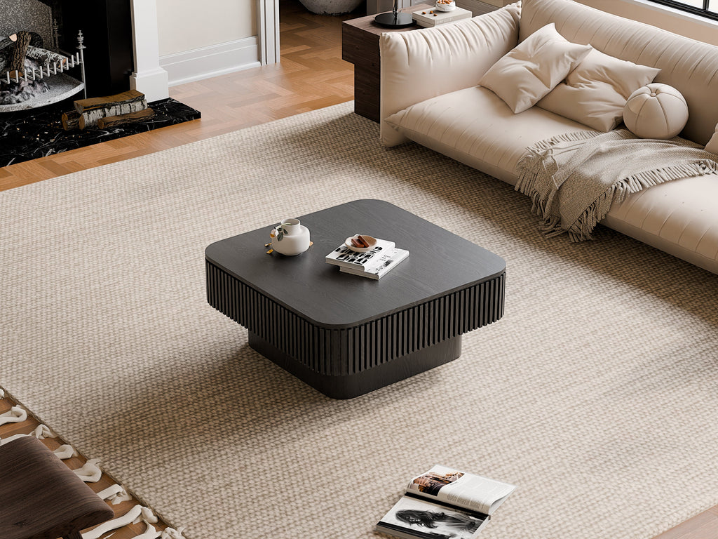 31.5'' Square Coffee Table with Storage Solid Wood Veneered Modern Coffee Table Accent Tea Table for Living Room, Bedroom, Apartment or Office, Natural Wood