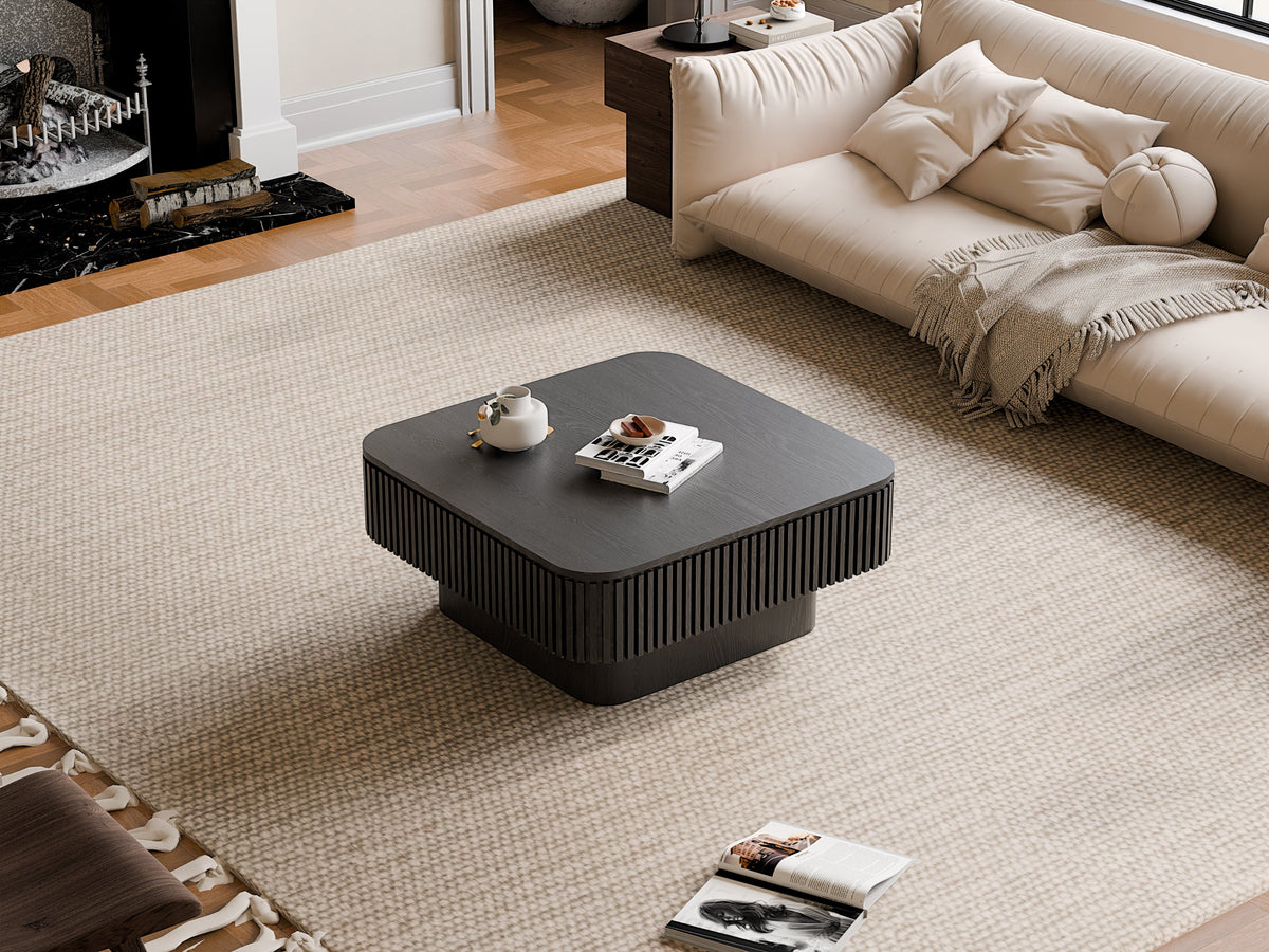 31.5'' Square Coffee Table with Storage Solid Wood Veneered Modern Coffee Table Accent Tea Table for Living Room, Bedroom, Apartment or Office, Natural Wood