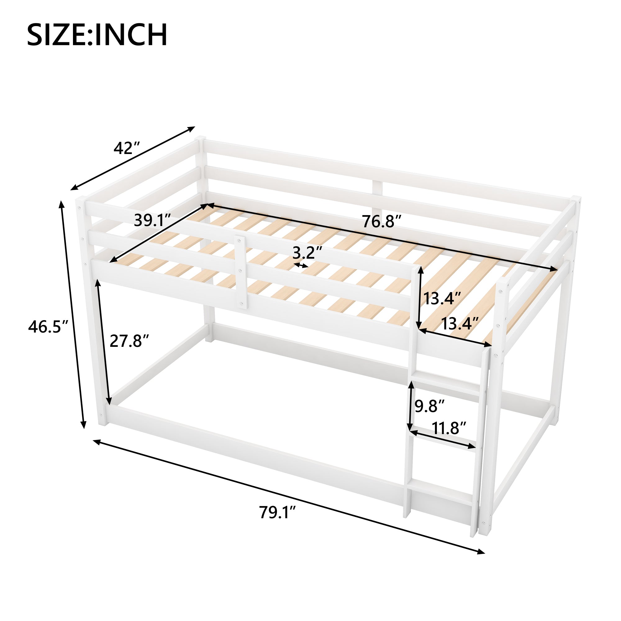 Twin floor bunk bed with built-in side ladder detail