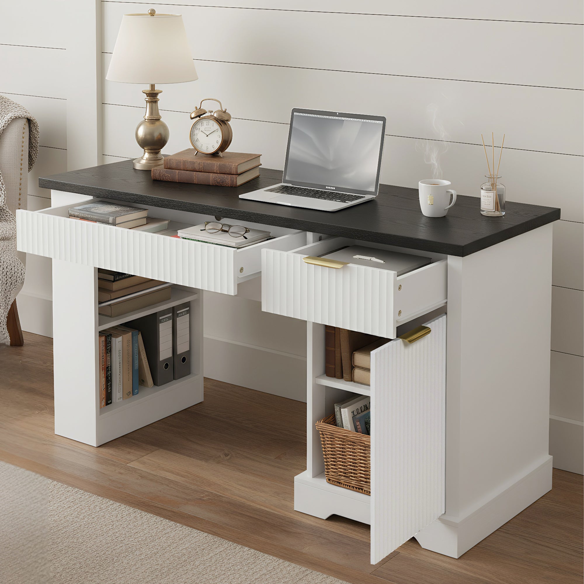 White fluted desk charging station with built-in power socket