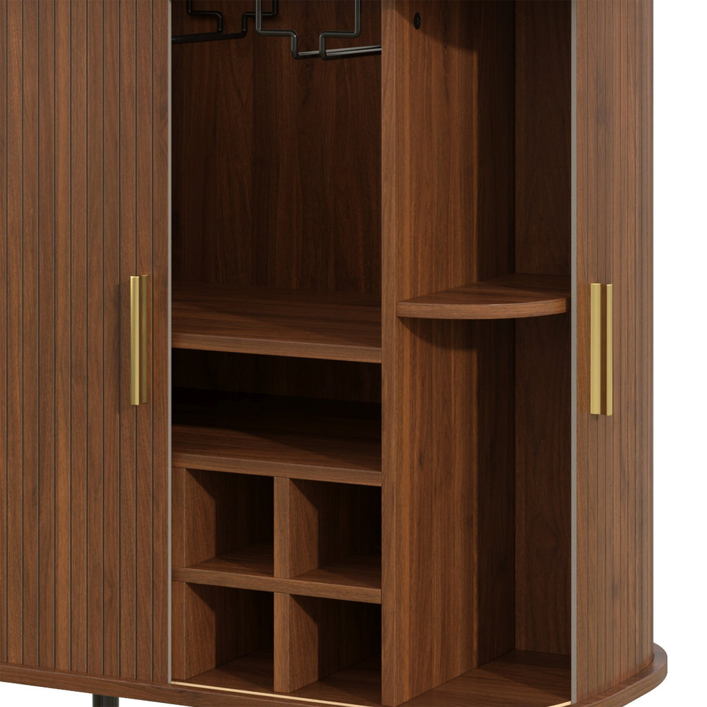 28' Fluted Wine Bar Cabinet with 8-Grid Wine Rack, 5-Level Adjustable Shelves, 2 Glass Holders, Smoothly Sliding Tambour Doors, 4 Hidden Storage Space on the Side, Modern Liquor Coffee Station, Black