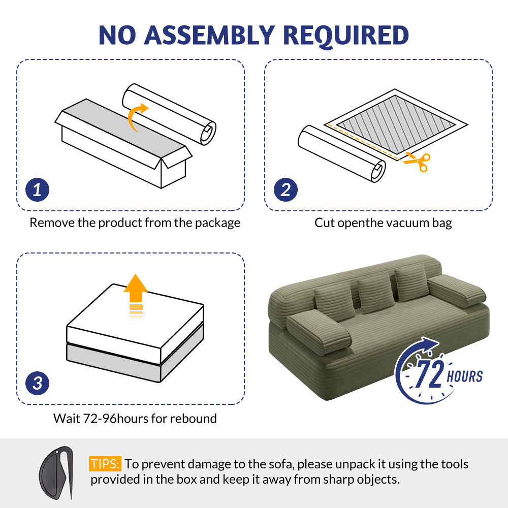 78.7' Frameless Sofa,2-in-1 Convertible Sofa Bed with 3 Pillows – Plush Corduroy Fabric, Multi-Functional 3-Seater Couch for Small Spaces, Apartments and Bedrooms,Beige