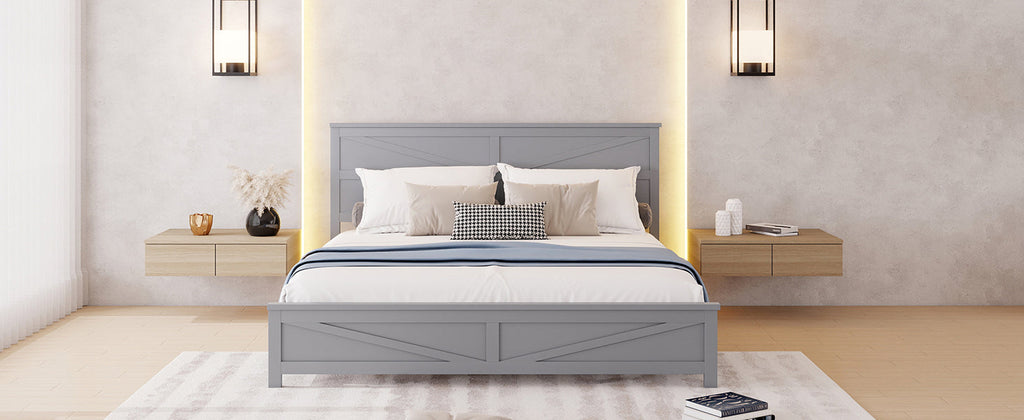 Farmhouse Style King Size Bed with Barn Door Designed Headboard and Footboard, Pinewood Bed with Strengthened Bed Frame,White