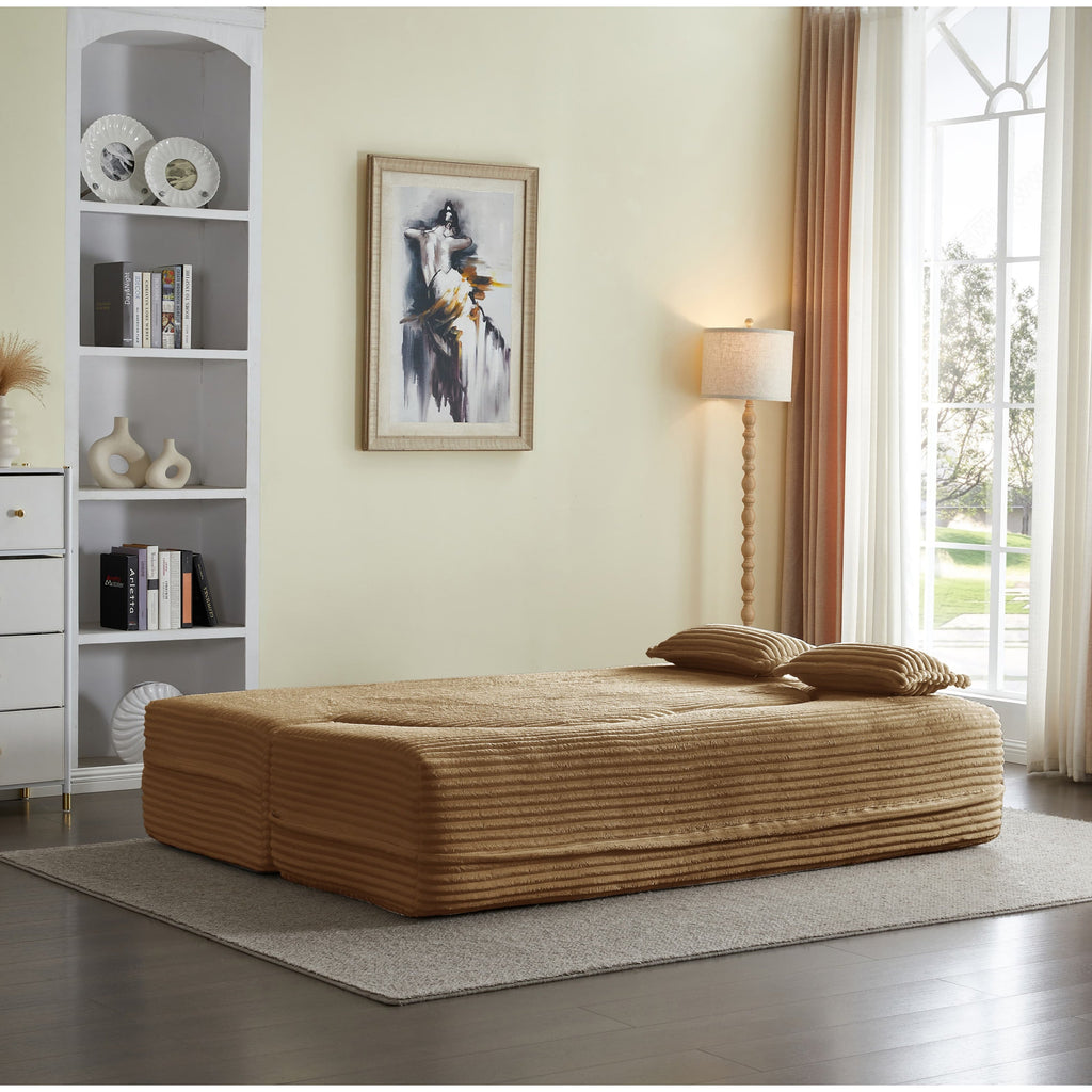 Modern Floor Sofa with 2 Pillows, Convertible Plush Corduroy Foam-Filled Sleeper Sofa Bed,15 ' Full Size Folding Mattress for Living Room, Guest Bed, no assembly required, Light Grey