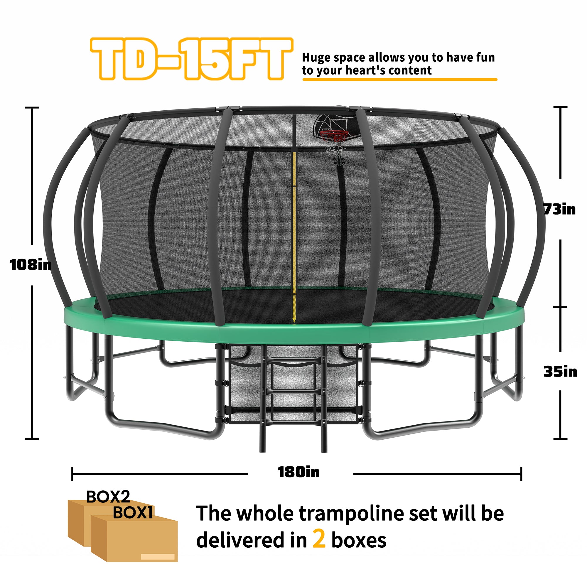 Outdoor trampoline dimensions diagram 15 ft pumpkin diameter six legs — spec view