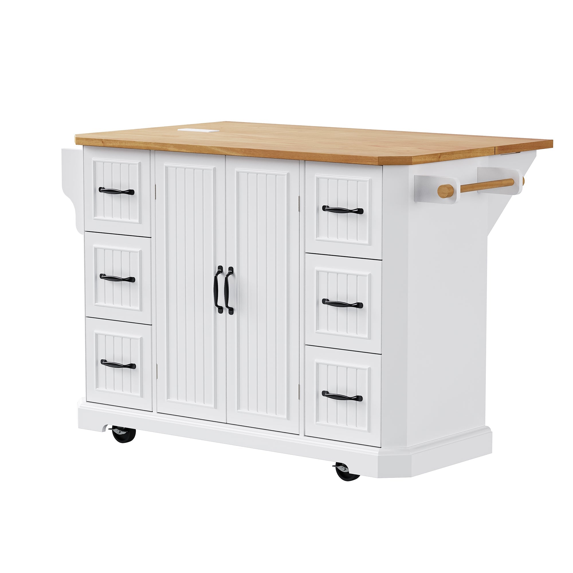 K&K 56 inch Kitchen Island with Rubber Wood Veneer Drop Leaf, Power Outlet, 4 Door Shelves, Embossed Vertical Stripe Rolling Kitchen Cart on 4 Wheels with 6 Deep Drawers for Kitchen, Dining Room,Black