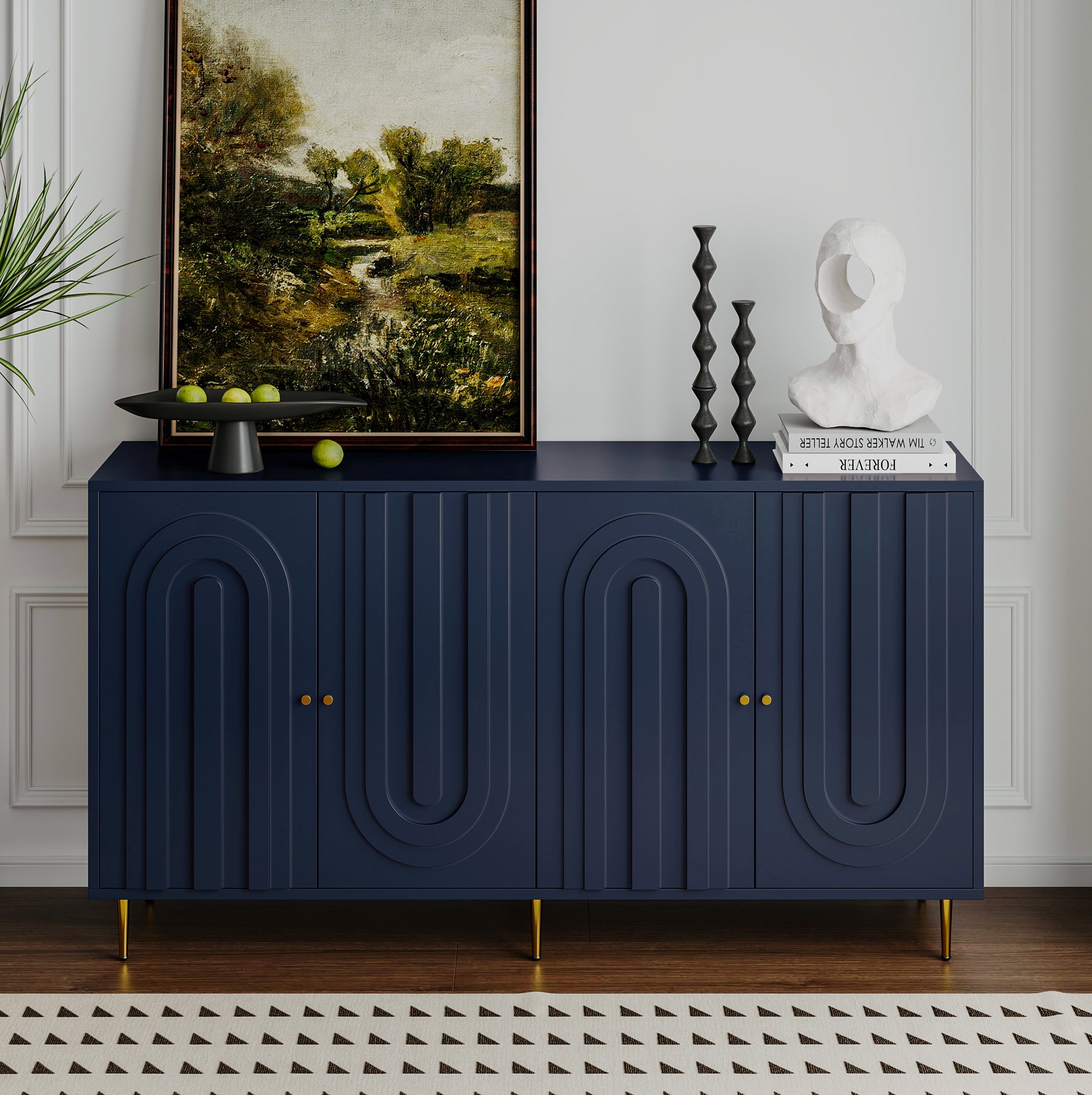 60" 4-Door Lacquered Sideboard — Gold Metal Legs & Knobs
