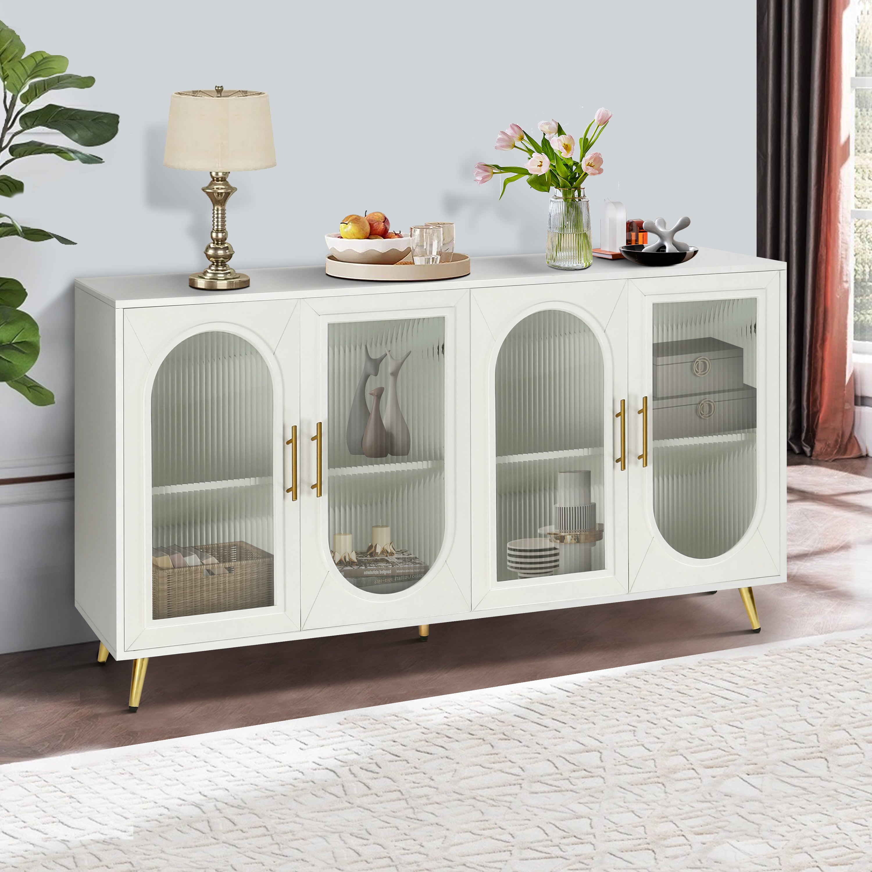 Milky white TV stand Gaussian glass door storage cabinet — angle view