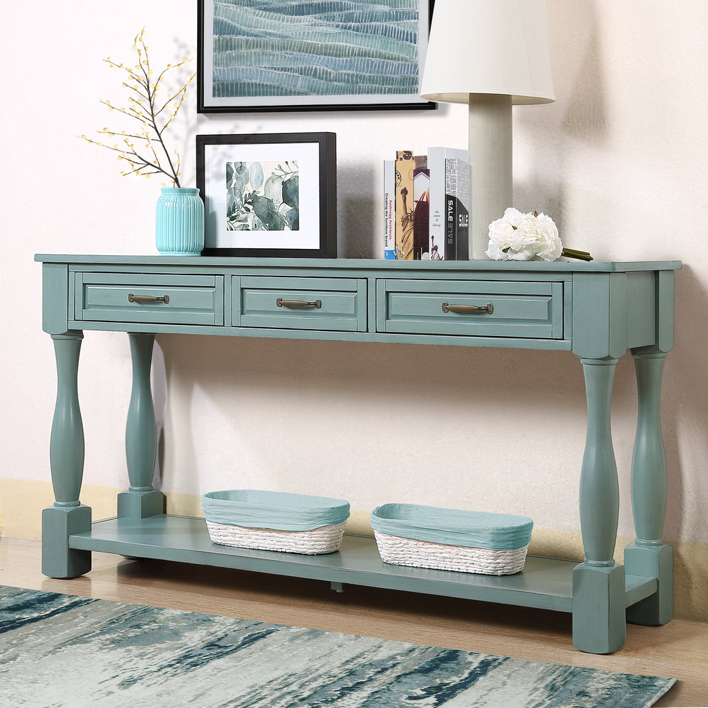 Retro blue console table — angle view