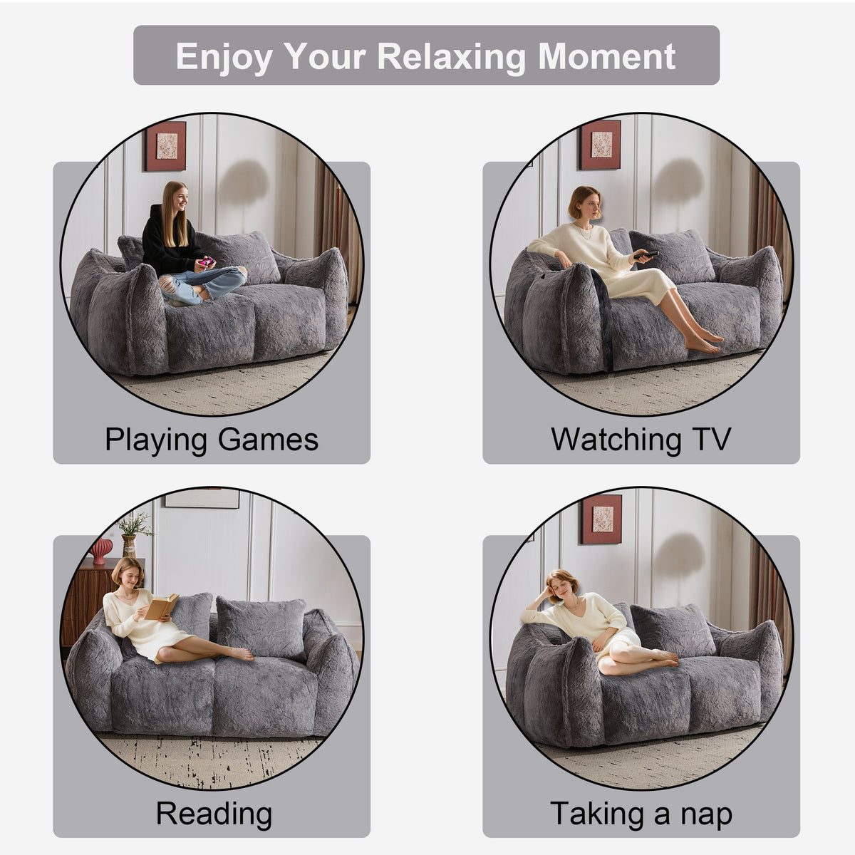 Giant Bean Bag Couch for Adults, Ultra Soft Fluffy Loveseat Bean Bag Sofa, Oversized Chase Lounge Chair Indoor for Living Room Bedroom, No Assembly Required Cozy Reading Chair with Pillows, White