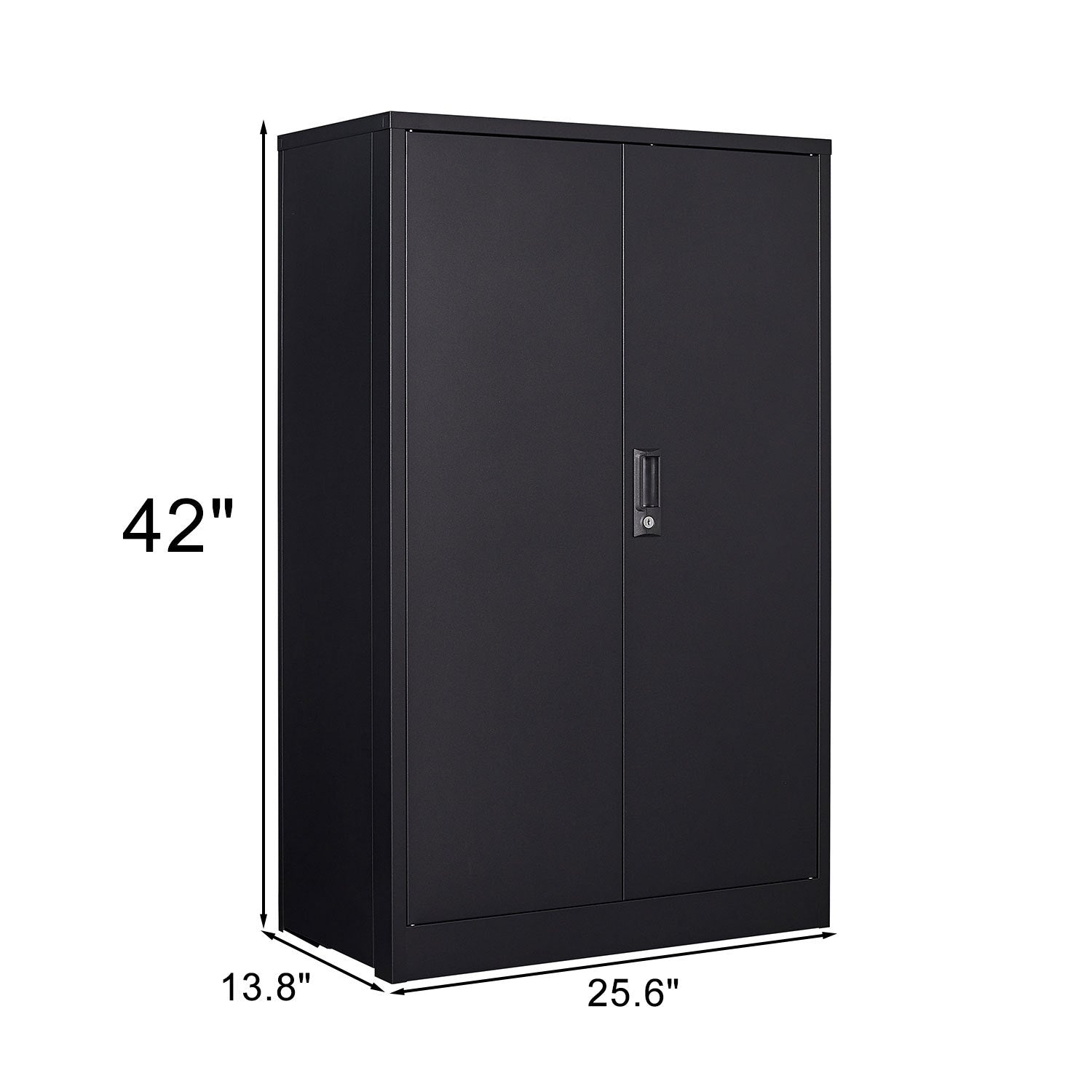 Black metal storage cabinet locking doors closed